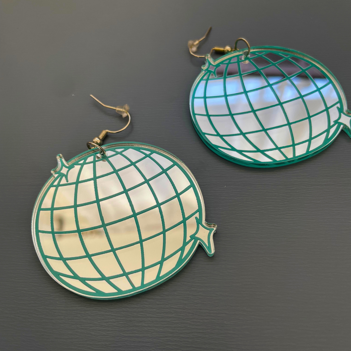 Disco Fever Mirror Acrylic Earrings | Silver & Teal