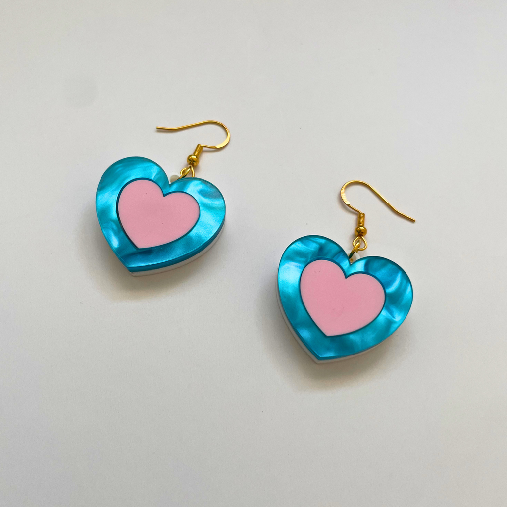 Happy Heart Acrylic Earrings | Pearl Blue & Pink
