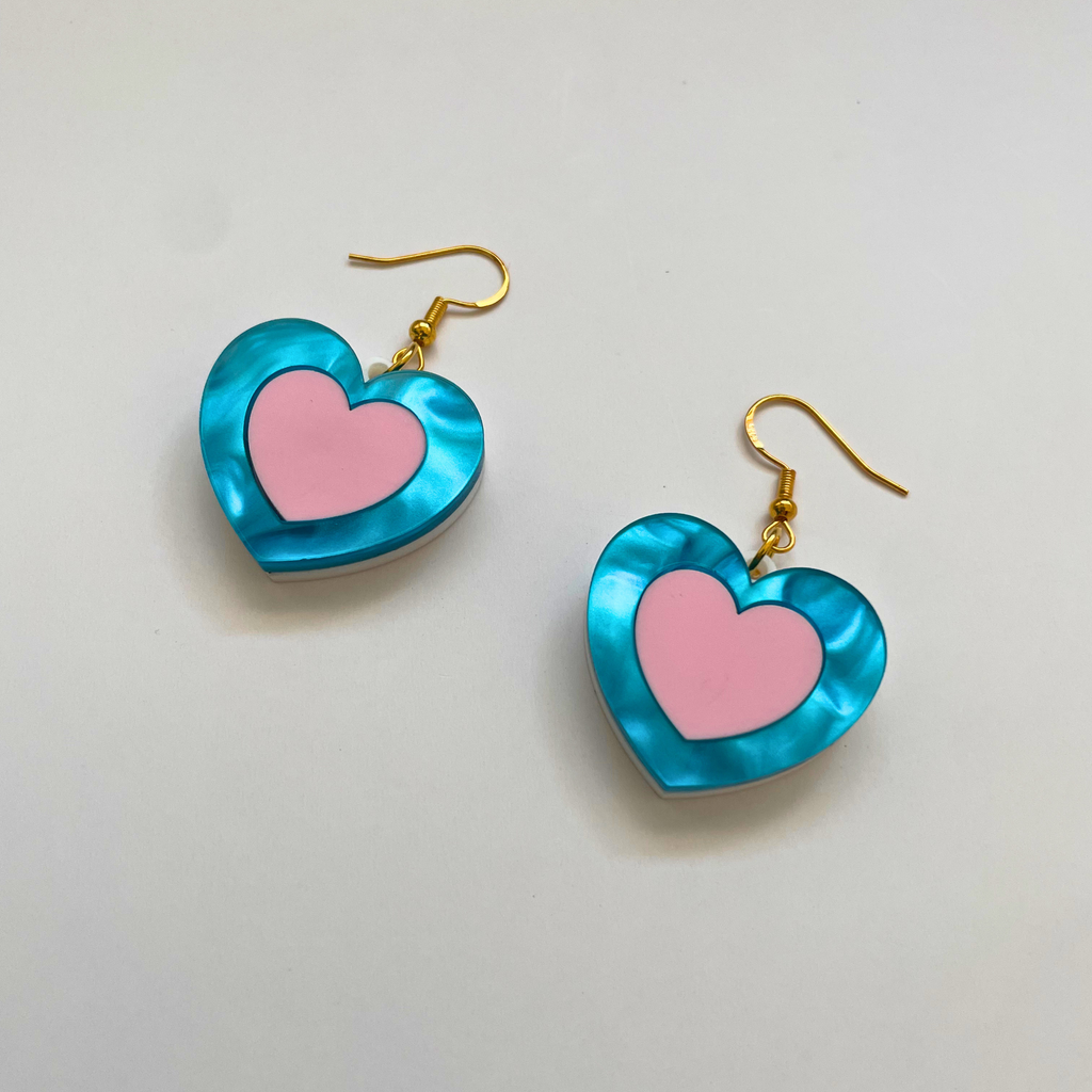Happy Heart Acrylic Earrings | Pearl Blue & Pink