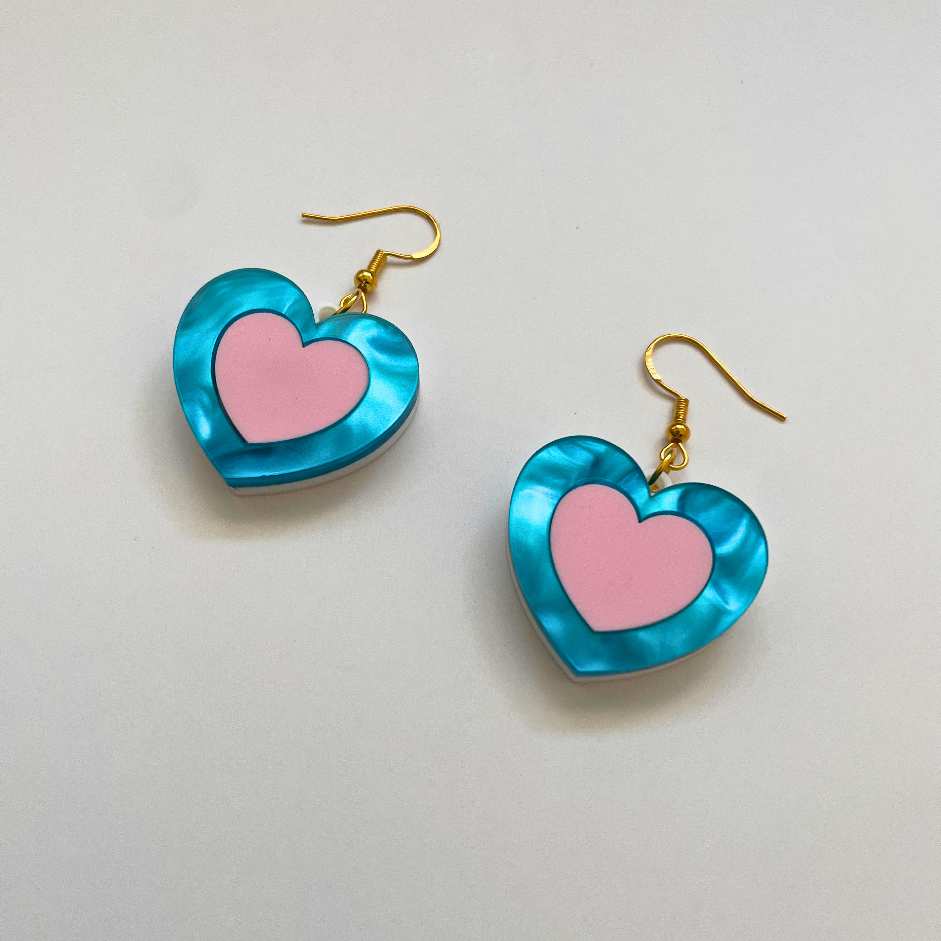 Happy Heart Acrylic Earrings | Pearl Blue & Pink