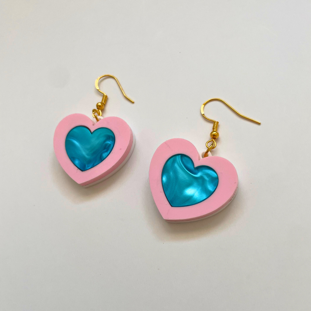 Happy Heart Acrylic Earrings | Pearl Blue & Pink