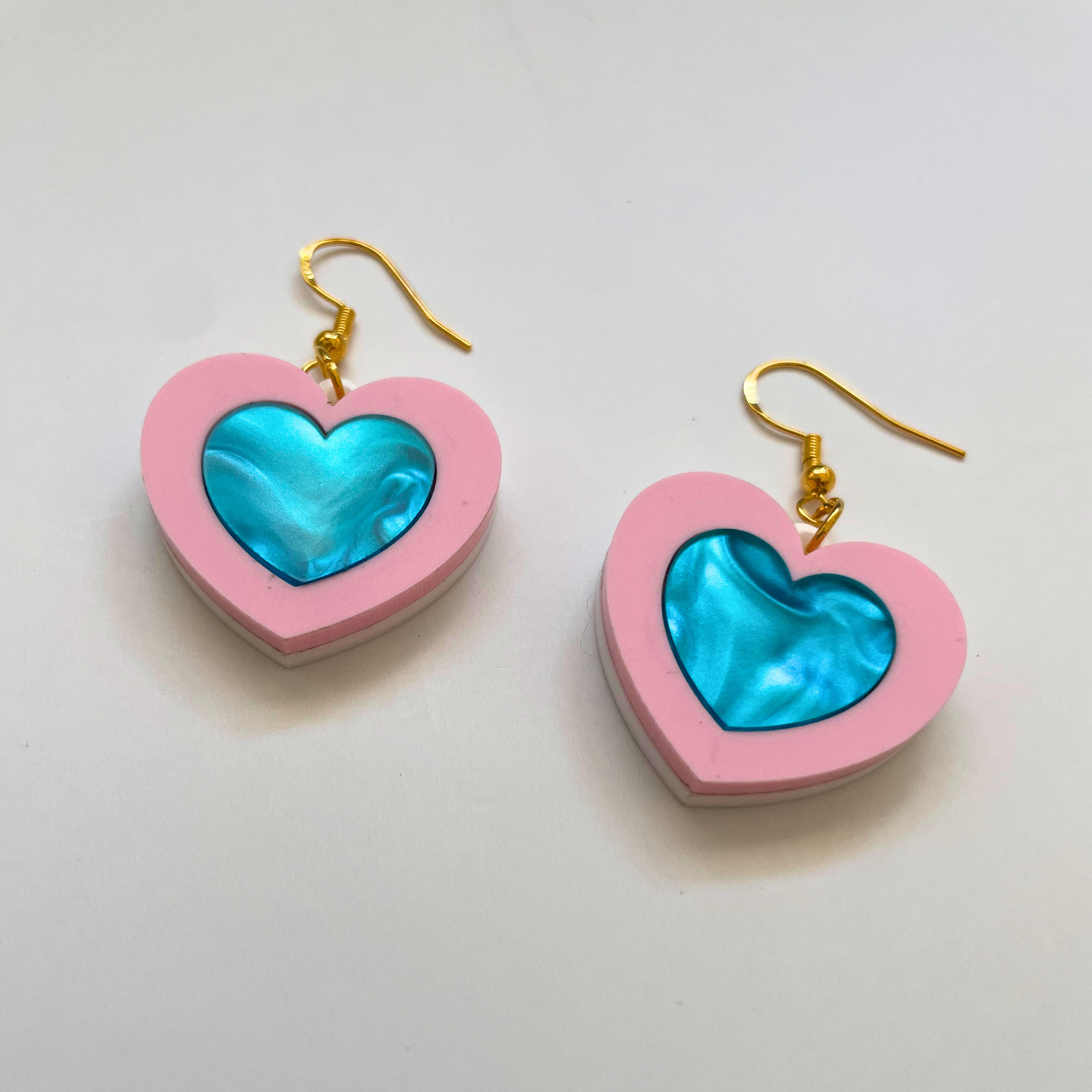 Happy Heart Acrylic Earrings | Pearl Blue & Pink