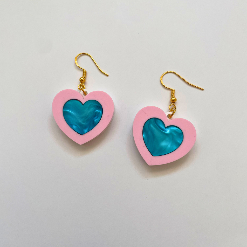 Happy Heart Acrylic Earrings | Pearl Blue & Pink