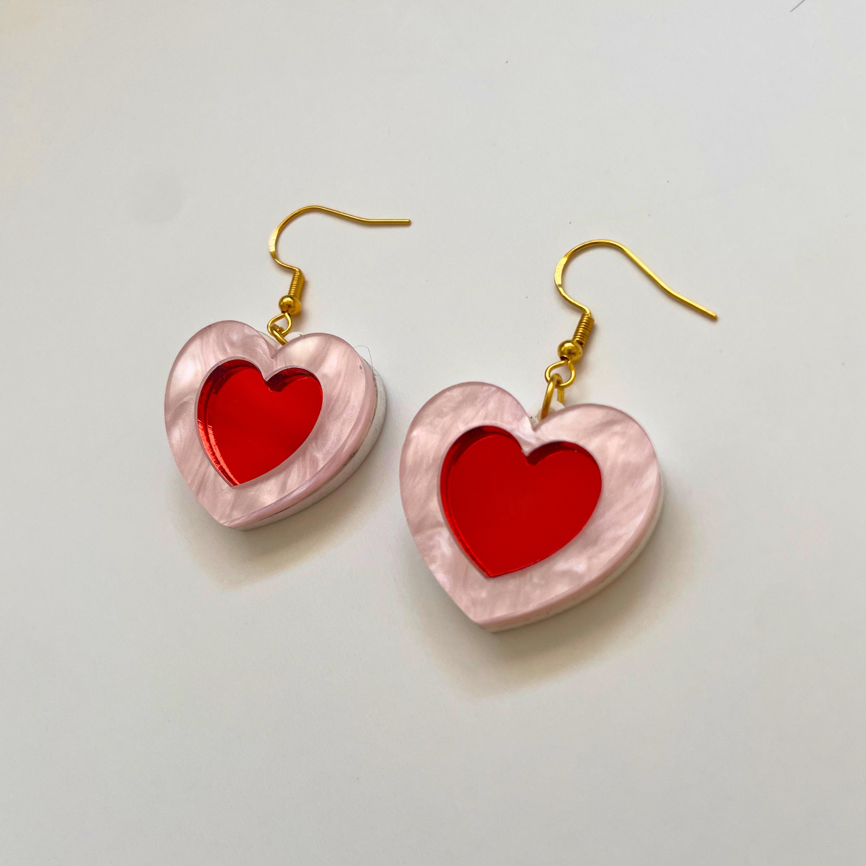 Happy Heart Acrylic Earrings | Pearl Pink & Red Mirror