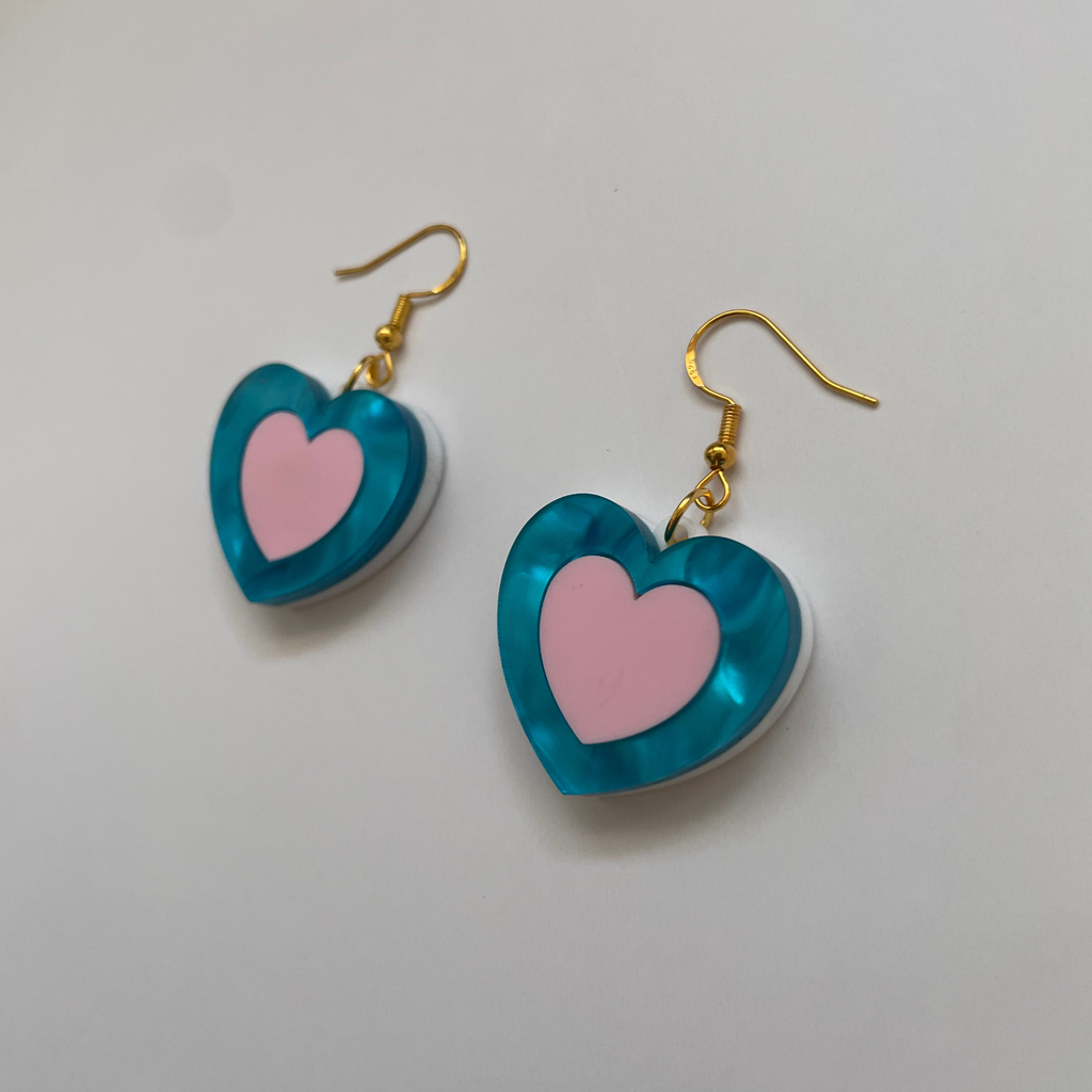 Happy Heart Acrylic Earrings | Pearl Blue & Pink