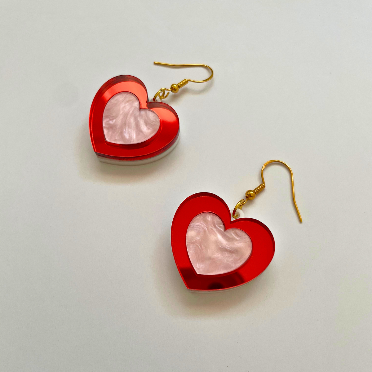 Happy Heart Acrylic Earrings | Red Mirror & Pearl Pink