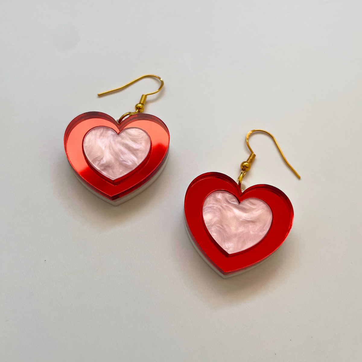 Happy Heart Acrylic Earrings | Red Mirror & Pearl Pink