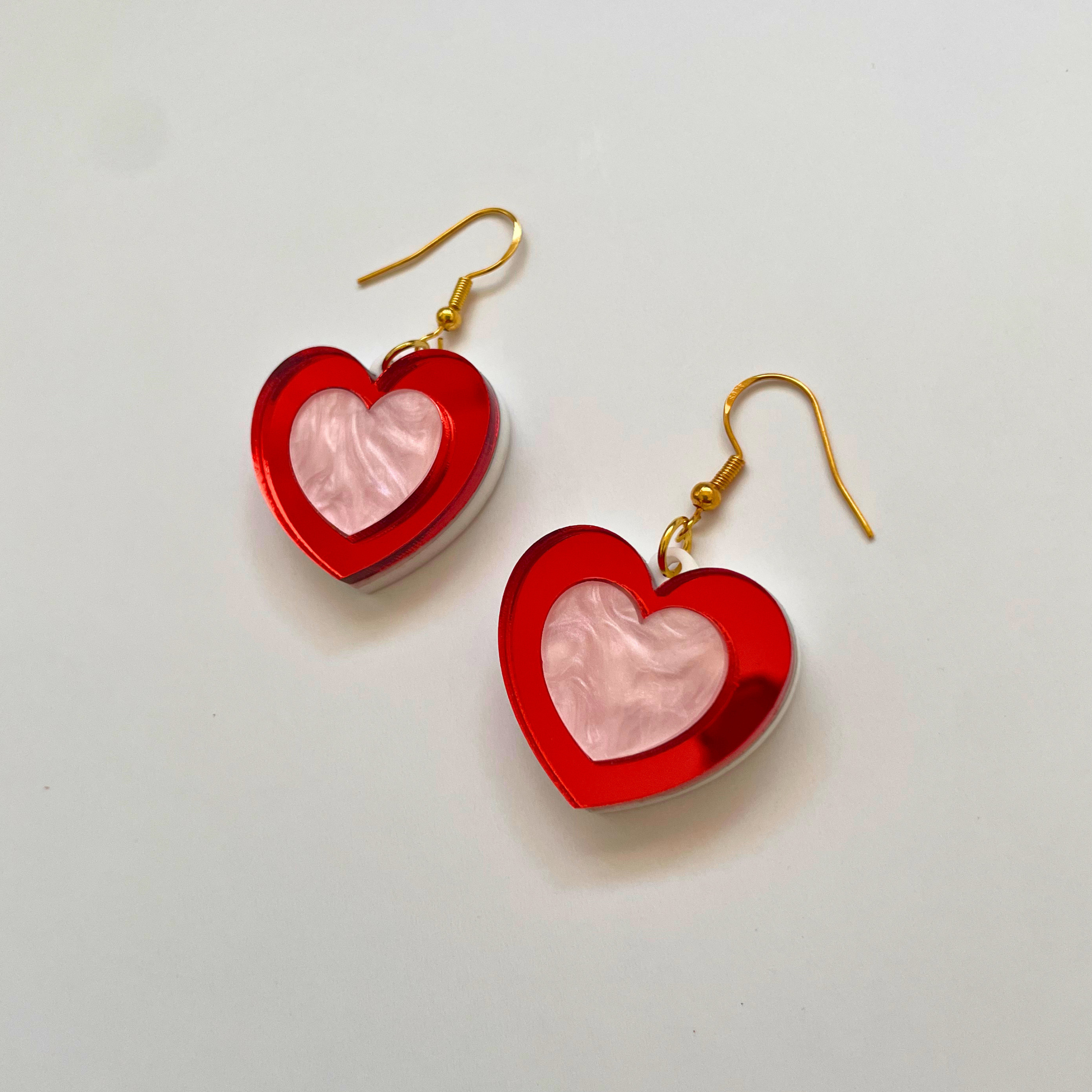 Happy Heart Acrylic Earrings | Red Mirror & Pearl Pink
