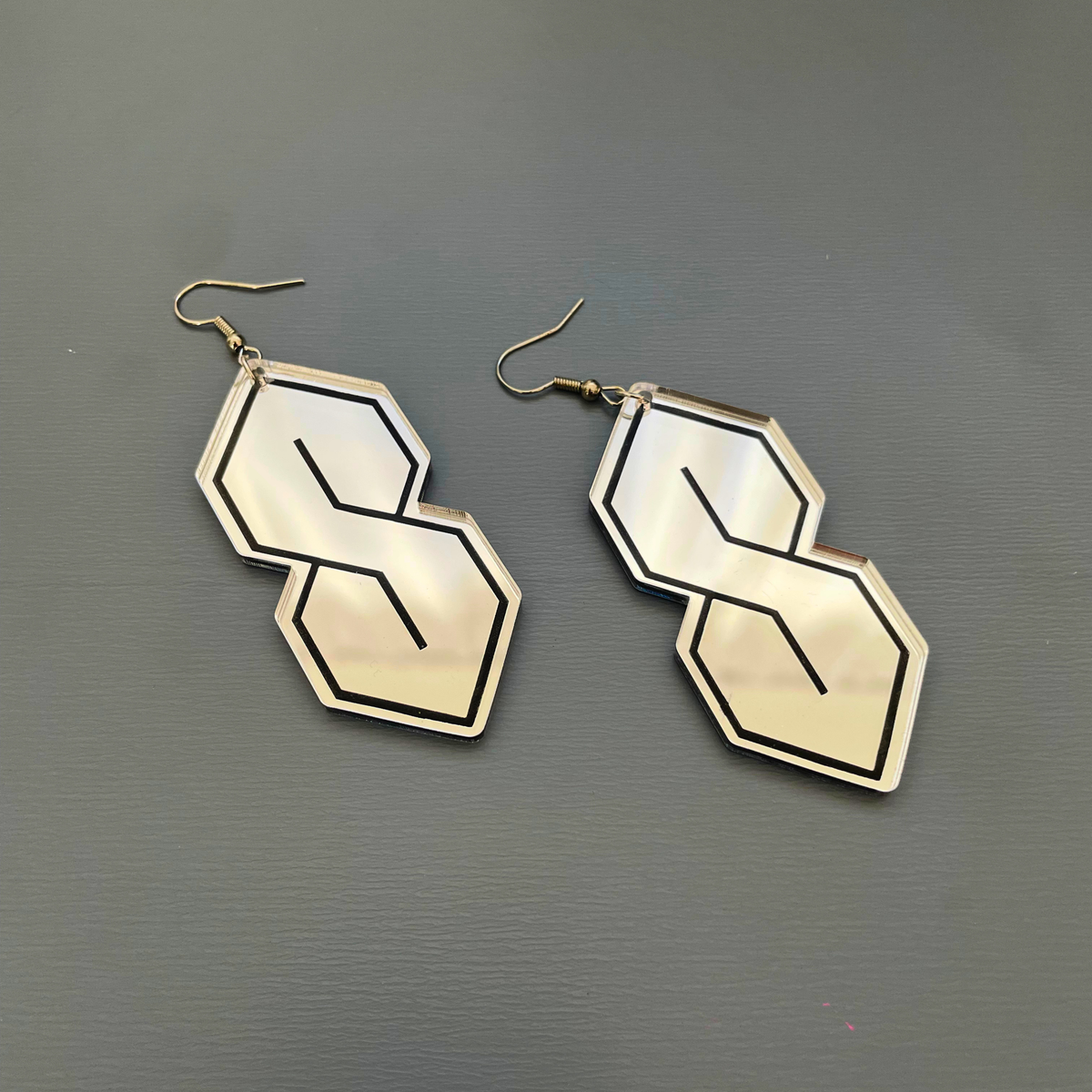 Super S Mirror Acrylic Large Earrings | Silver & Black