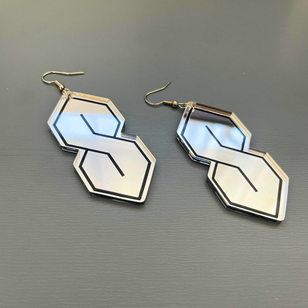 Super S Mirror Acrylic Large Earrings | Silver & Black