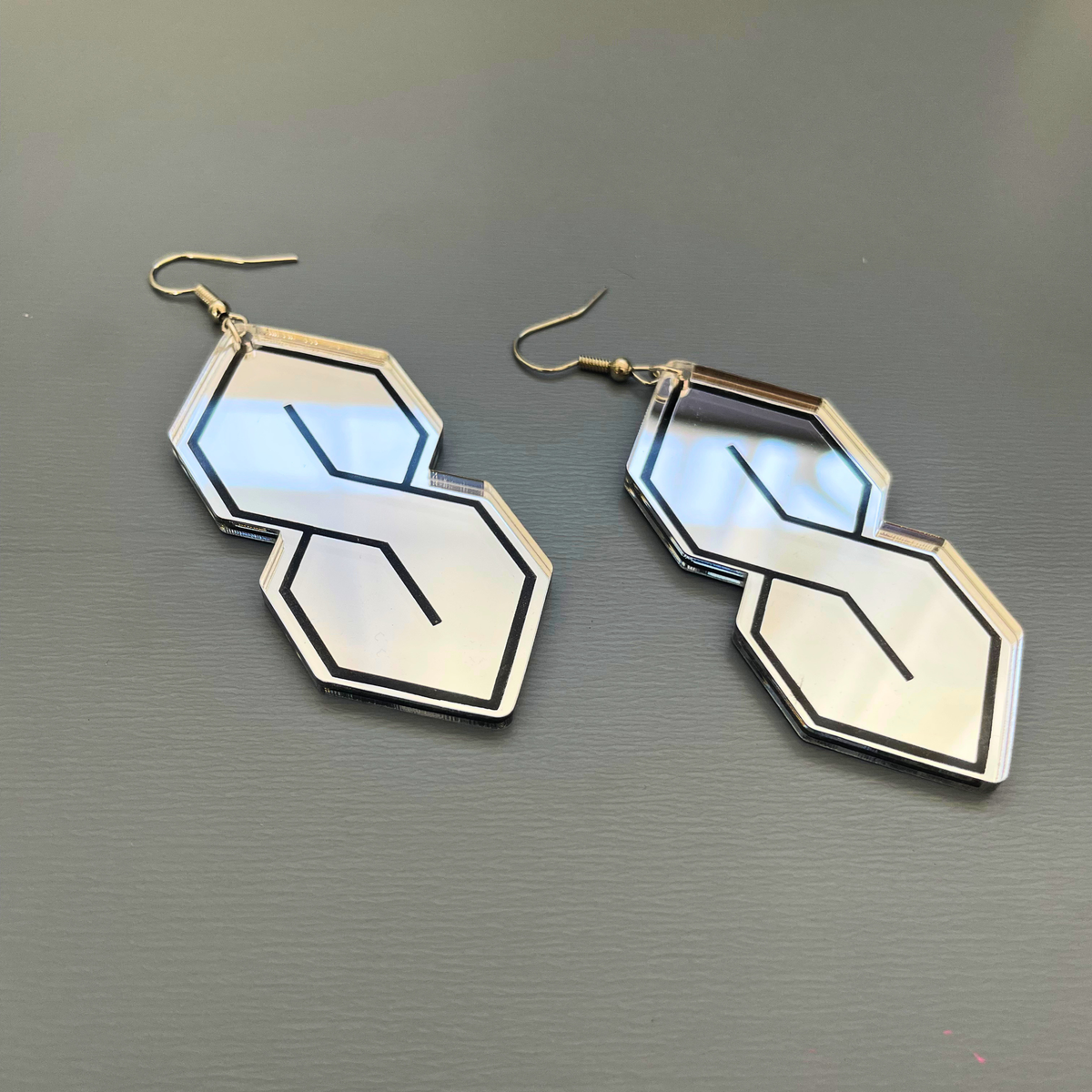 Super S Mirror Acrylic Large Earrings | Silver & Black