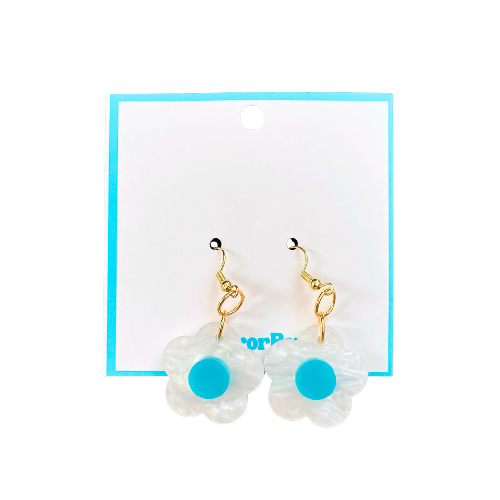 Pearlescent Funky Flower Earrings: White & Teal Flower with Gold Jewelry - by MirrorPop. Handmade acrylic art.