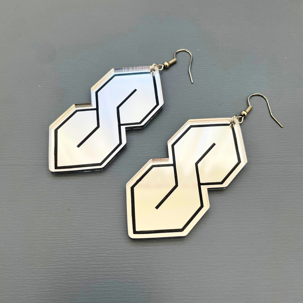 Super S Mirror Acrylic Large Earrings | Silver & Black