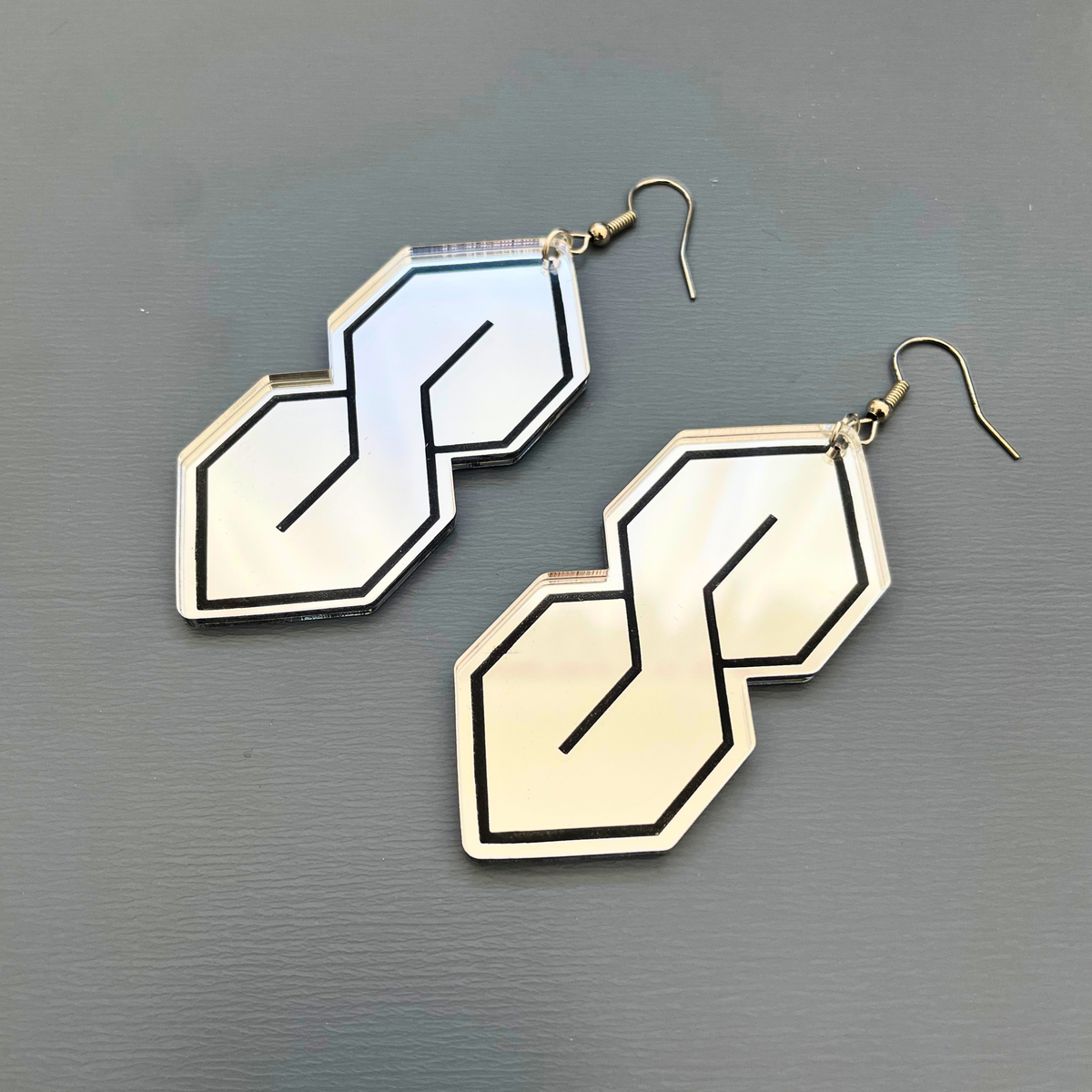 Super S Mirror Acrylic Large Earrings | Silver & Black