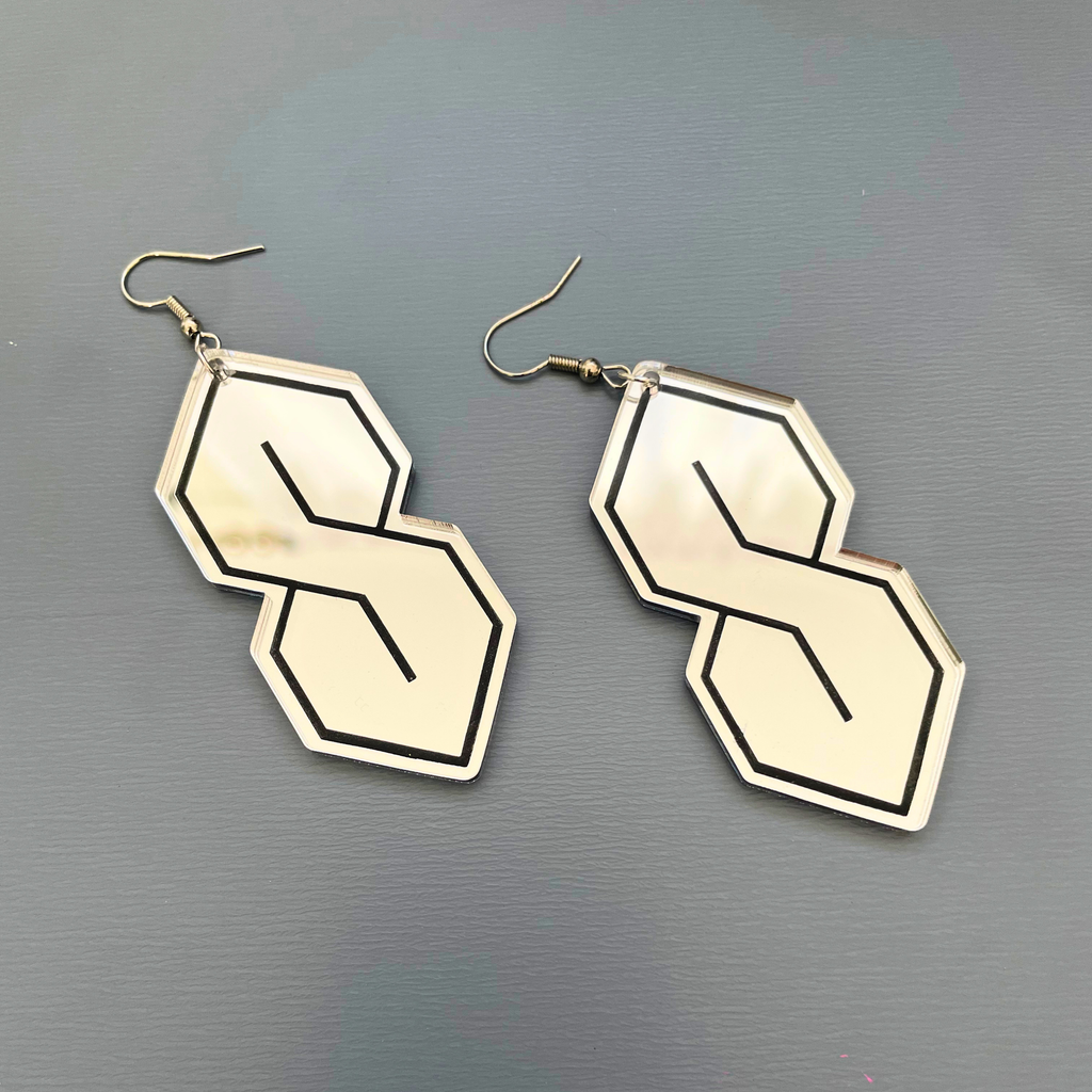 Super S Mirror Acrylic Large Earrings | Silver & Black