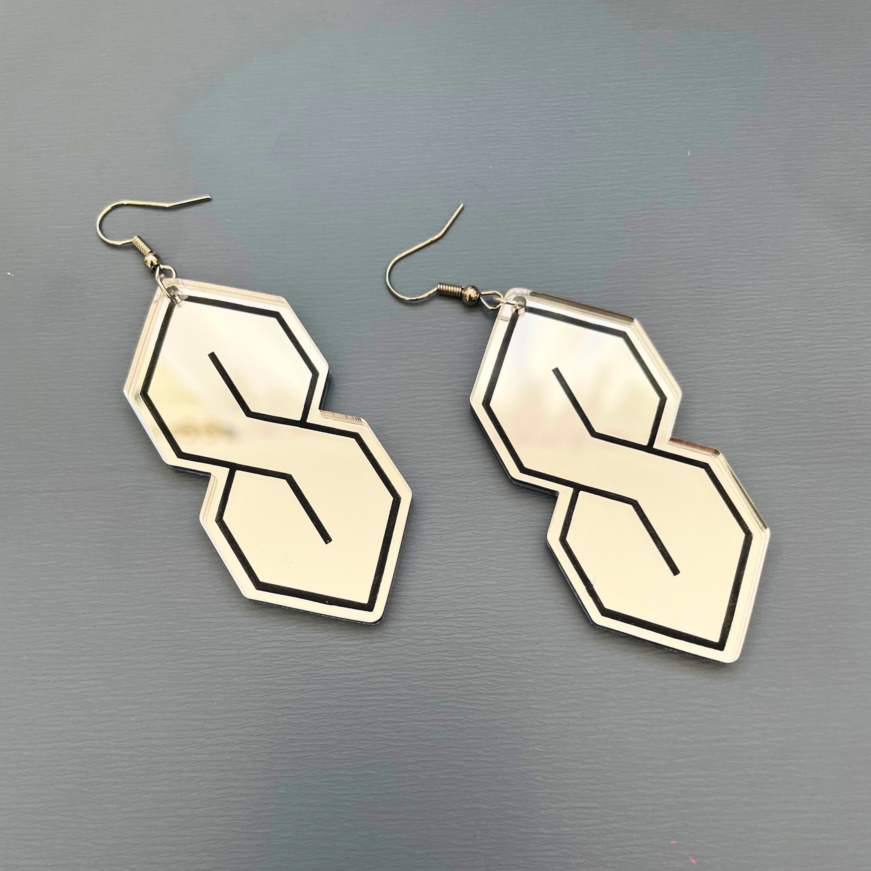 Super S Mirror Acrylic Large Earrings | Silver & Black