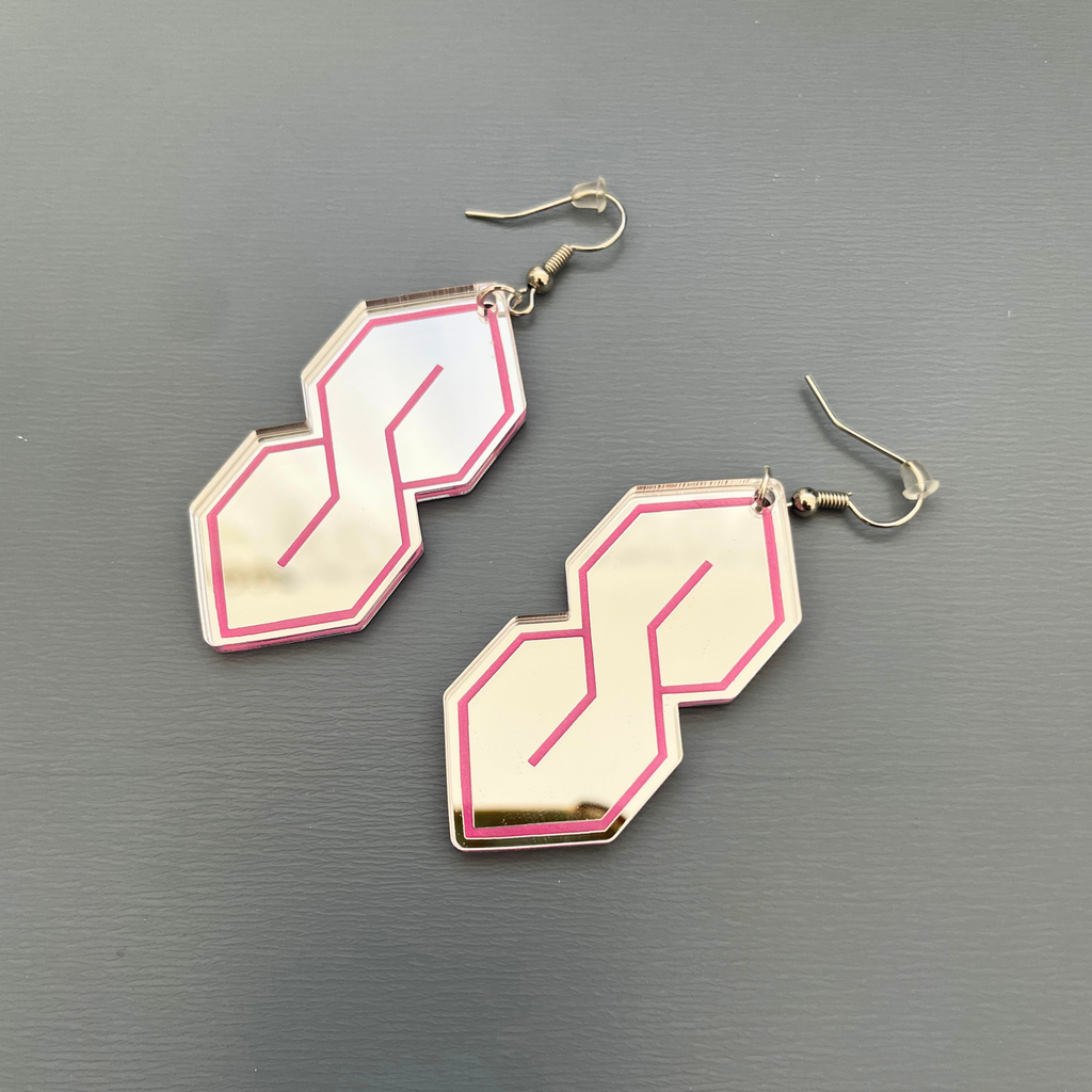 Super S Mirror Acrylic Statement Earrings | Silver & Pink