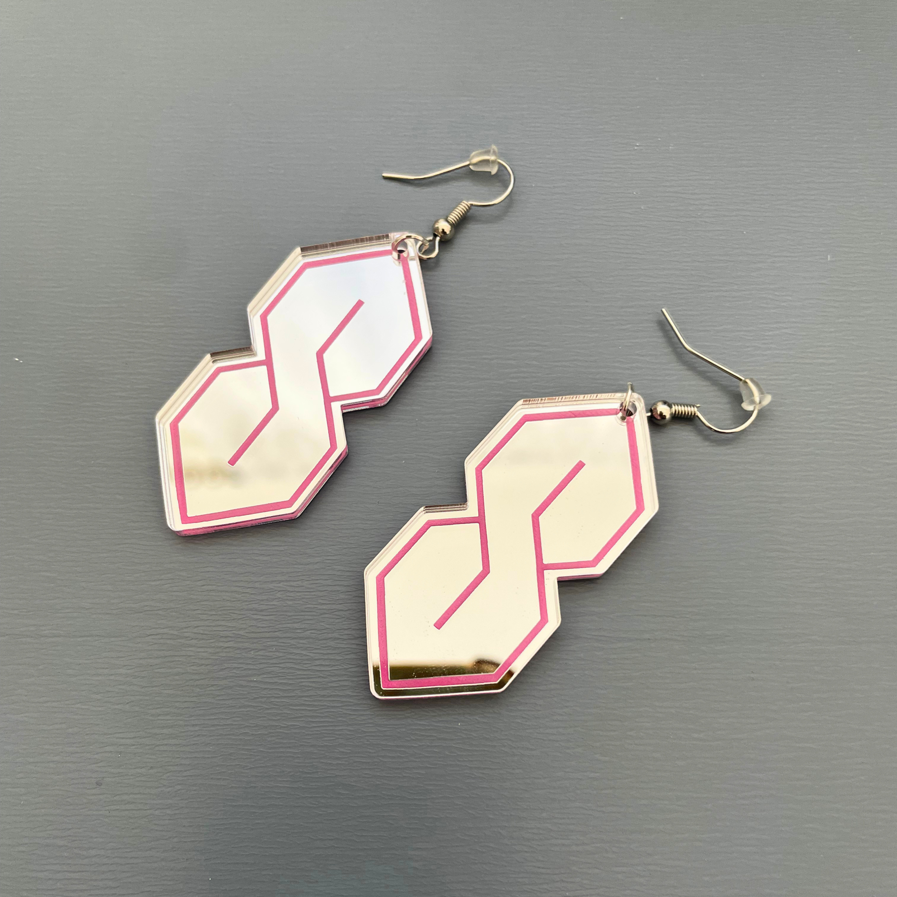 Super S Mirror Acrylic Statement Earrings | Silver & Pink