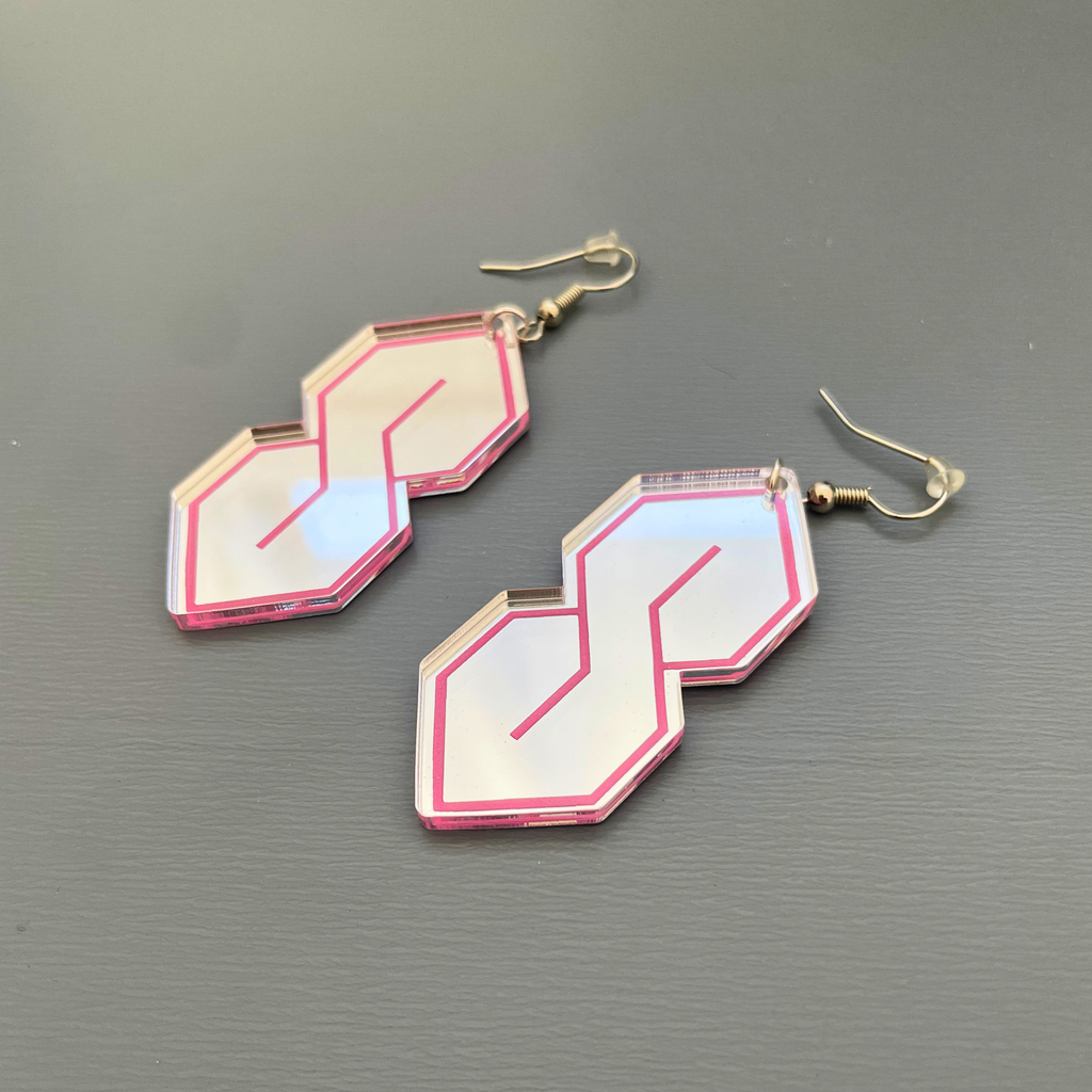 Super S Mirror Acrylic Statement Earrings | Silver & Pink