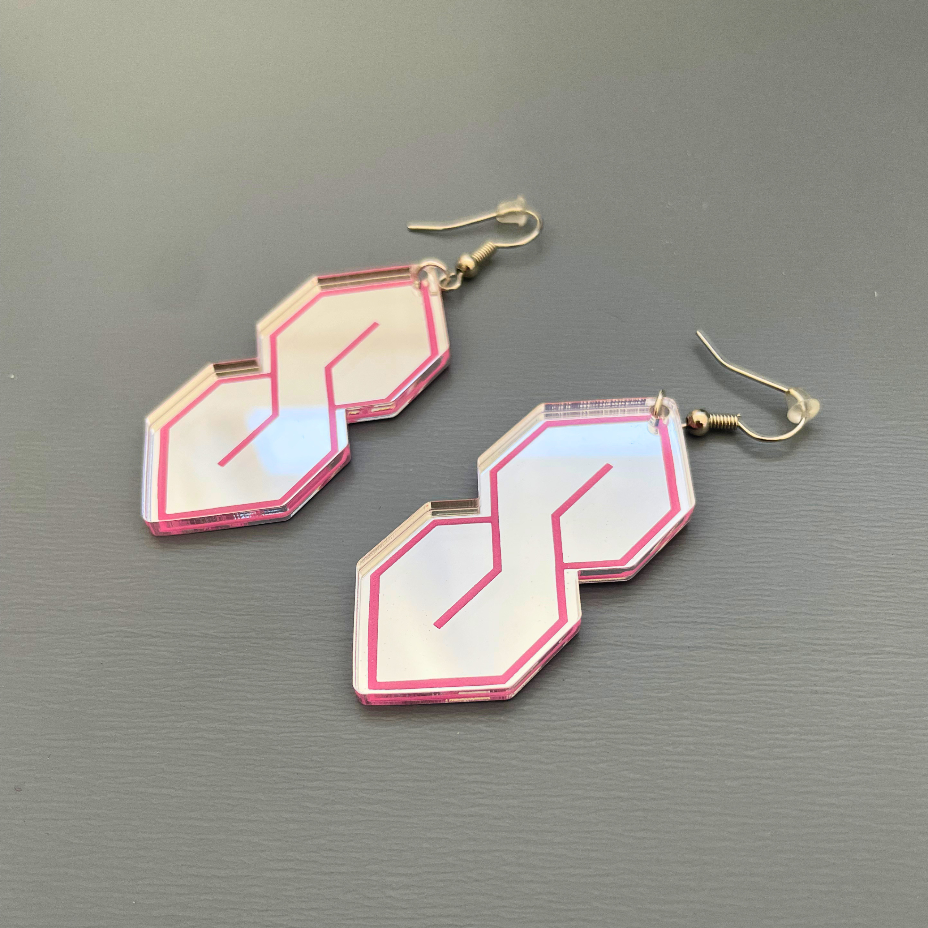 Super S Mirror Acrylic Statement Earrings | Silver & Pink