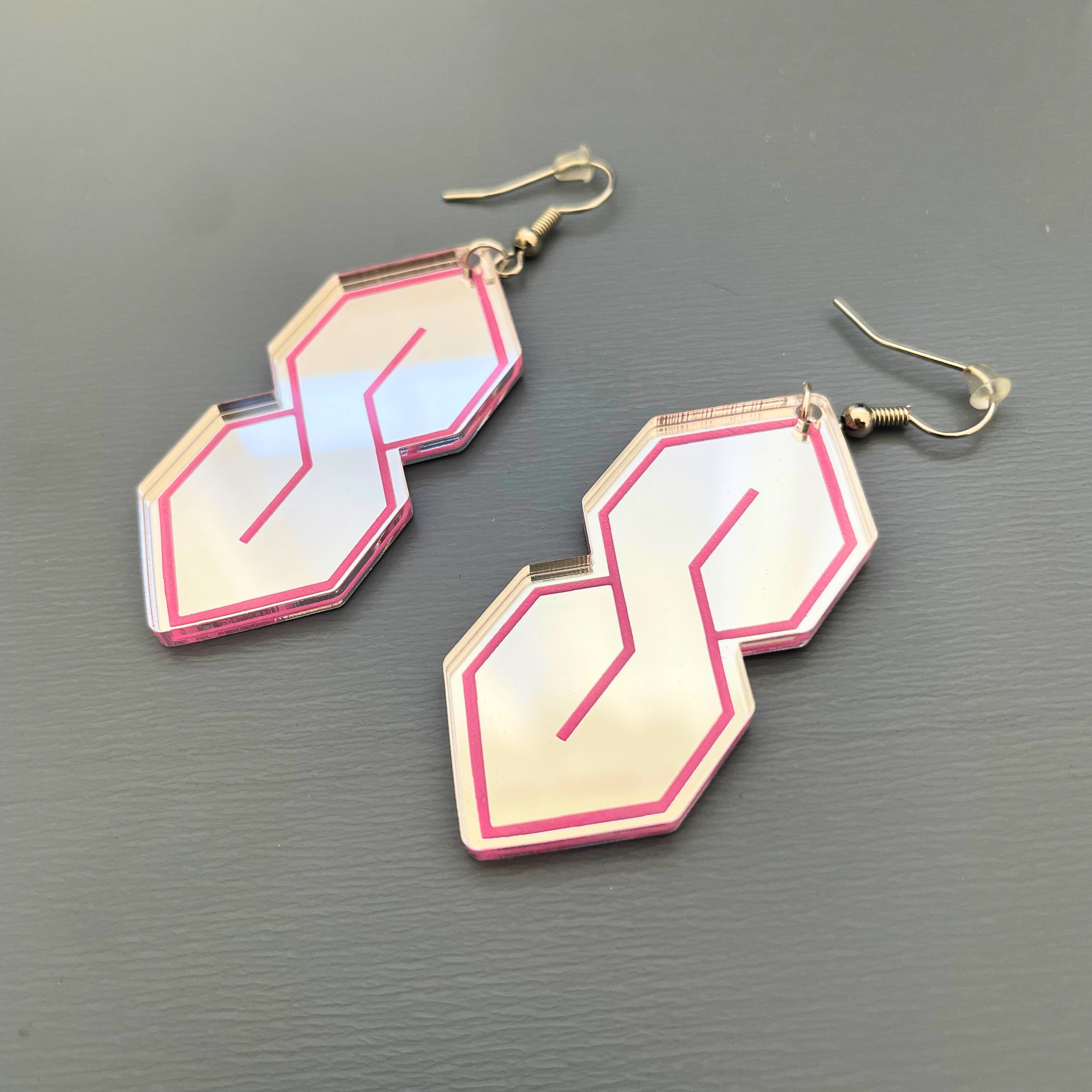 Super S Mirror Acrylic Statement Earrings | Silver & Pink
