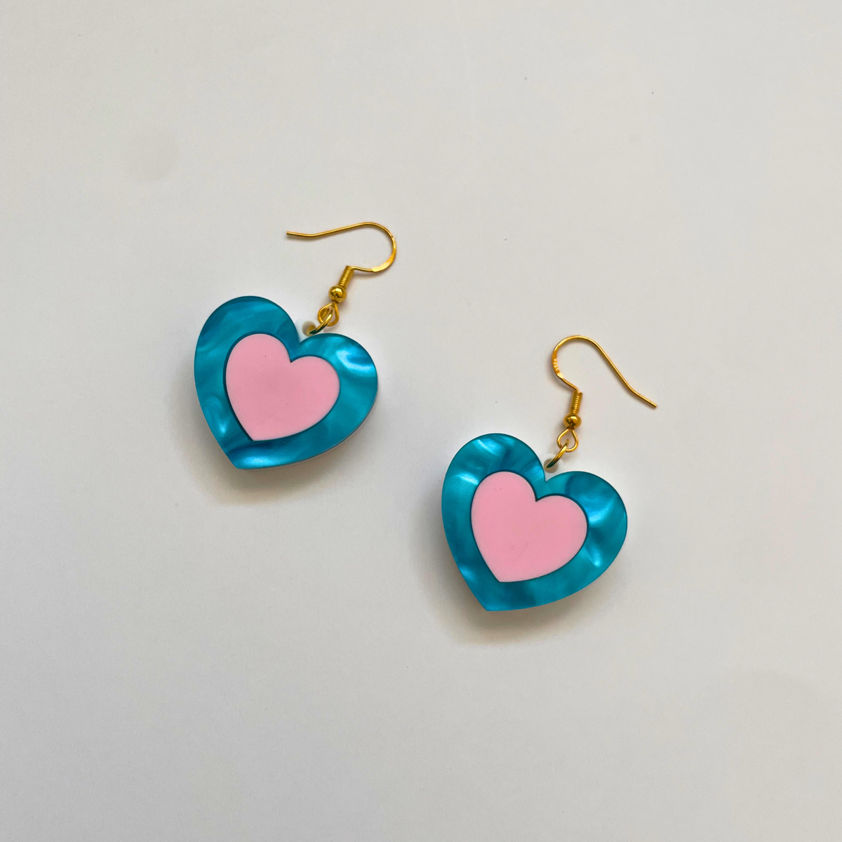 Happy Heart Acrylic Earrings | Pearl Blue & Pink