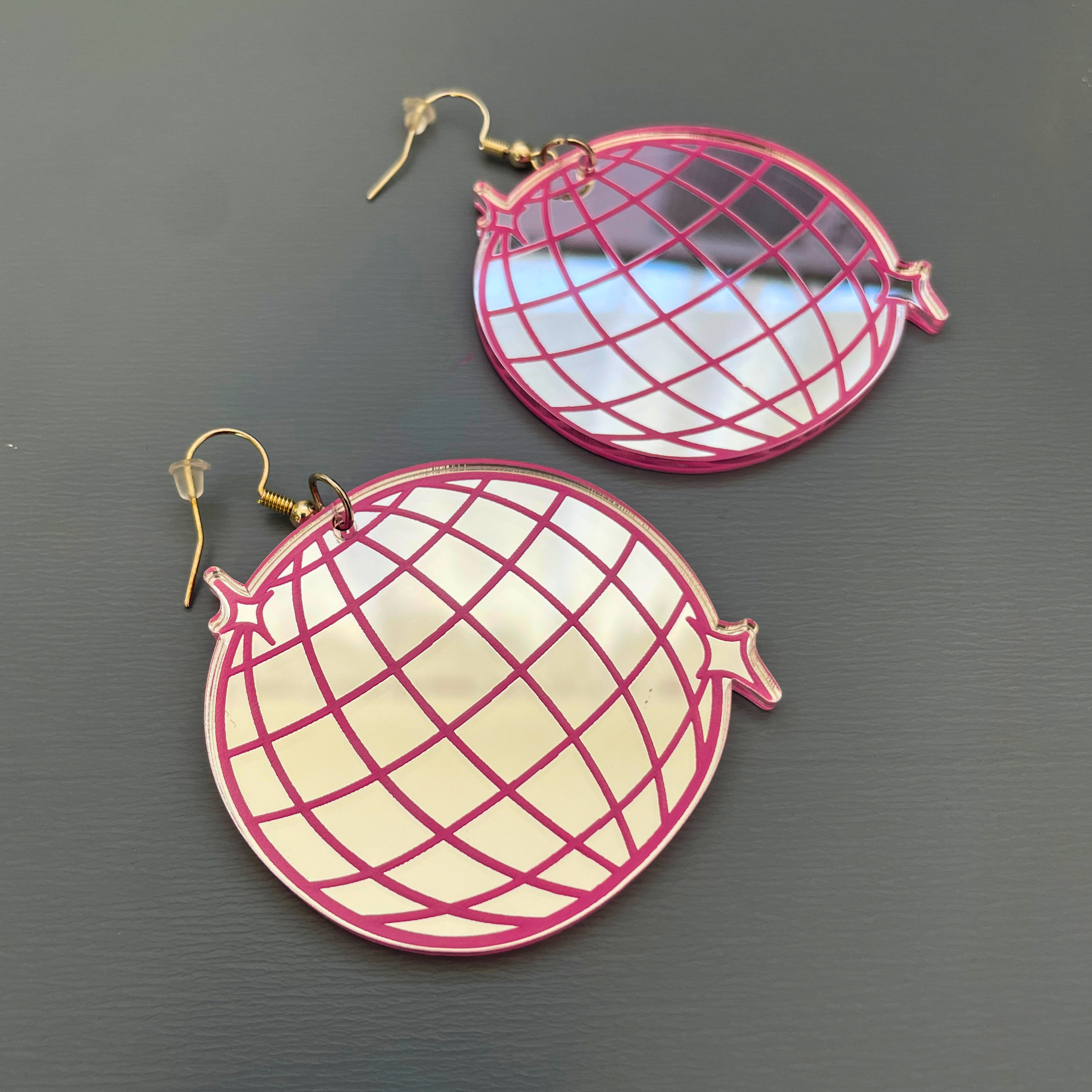 Disco Fever Mirror Acrylic Earrings | Silver & Pink