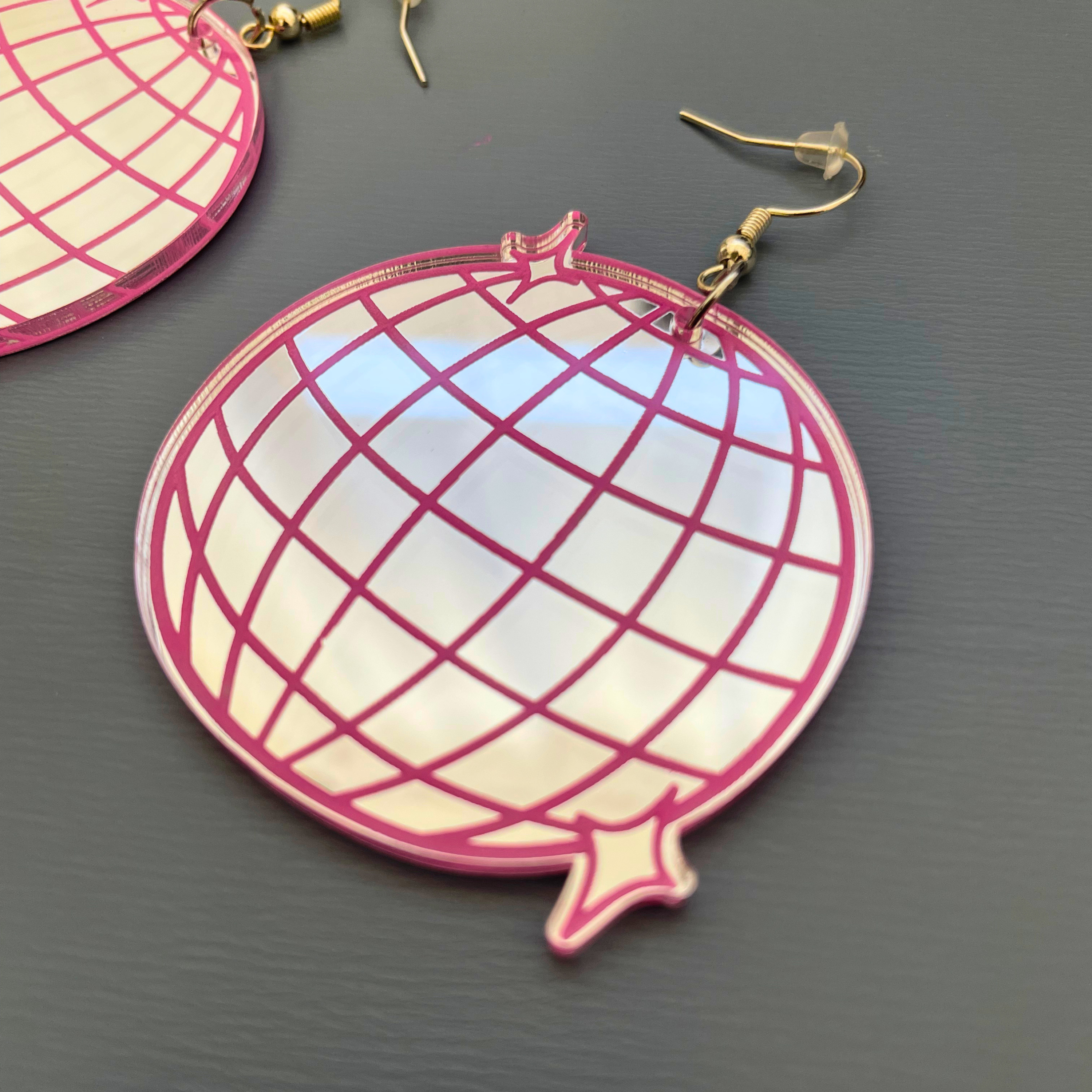 Disco Fever Mirror Acrylic Earrings | Silver & Pink