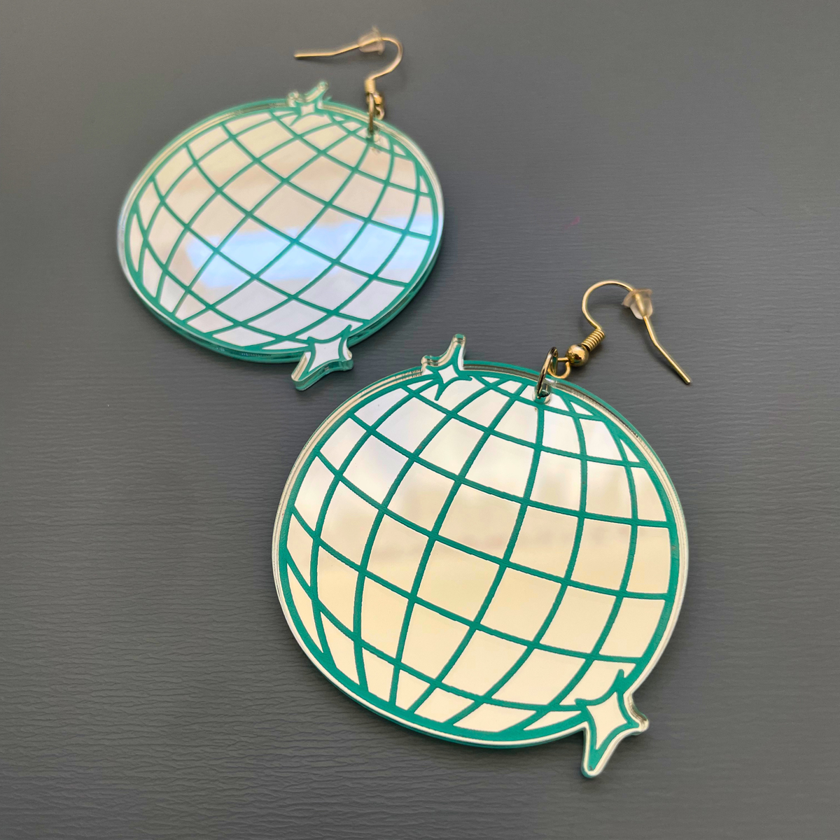 Disco Fever Mirror Acrylic Earrings | Silver & Teal