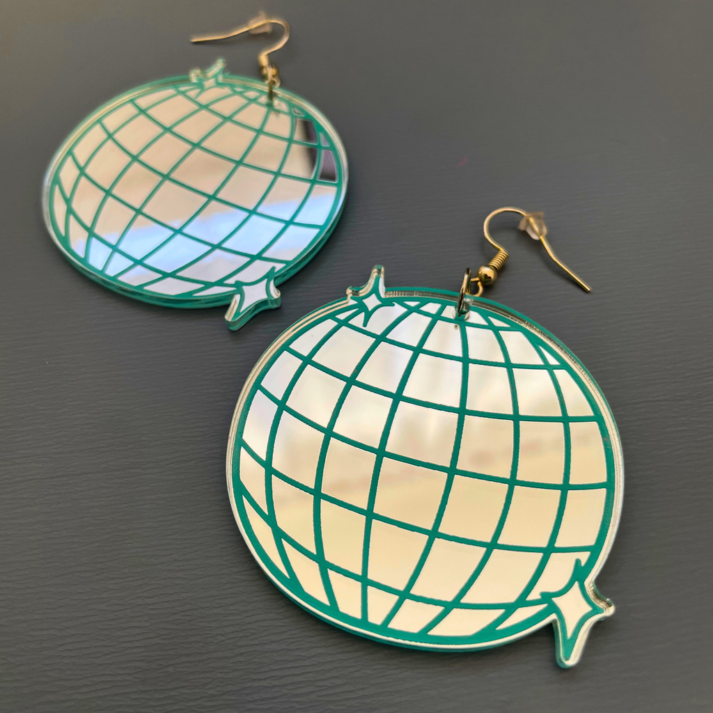 Disco Fever Mirror Acrylic Earrings | Silver & Teal