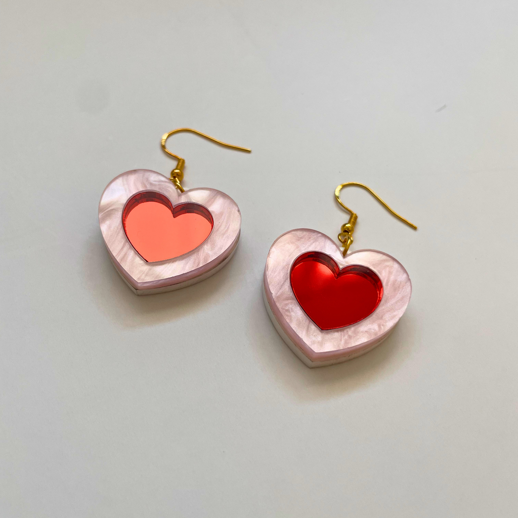 Happy Heart Acrylic Earrings | Pearl Pink & Red Mirror