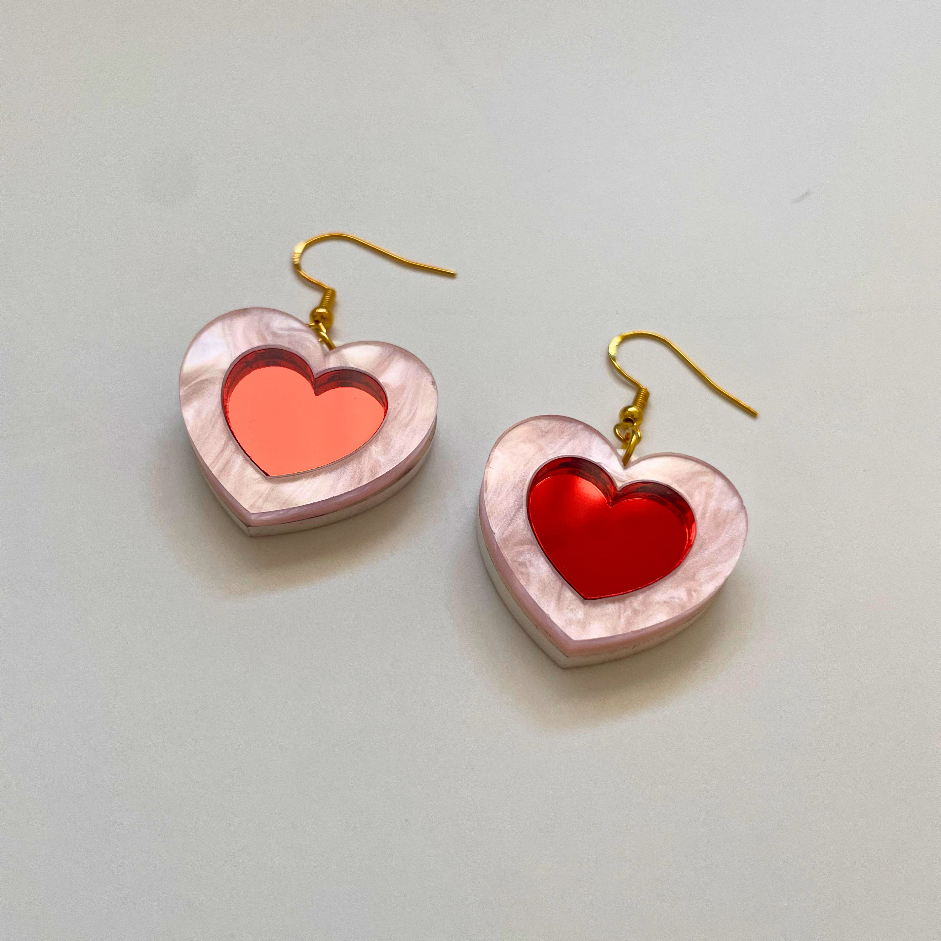 Happy Heart Acrylic Earrings | Pearl Pink & Red Mirror