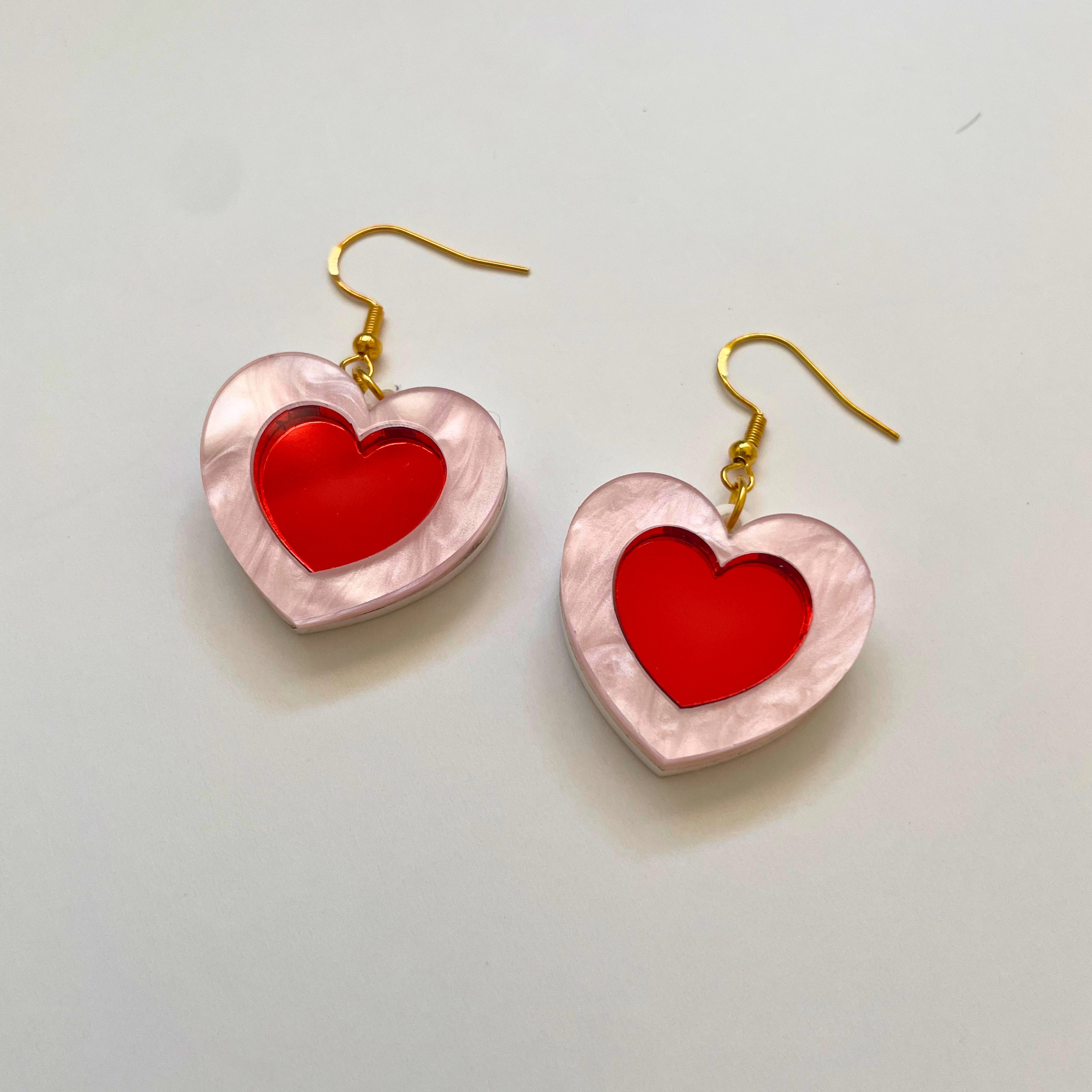 Happy Heart Acrylic Earrings | Pearl Pink & Red Mirror