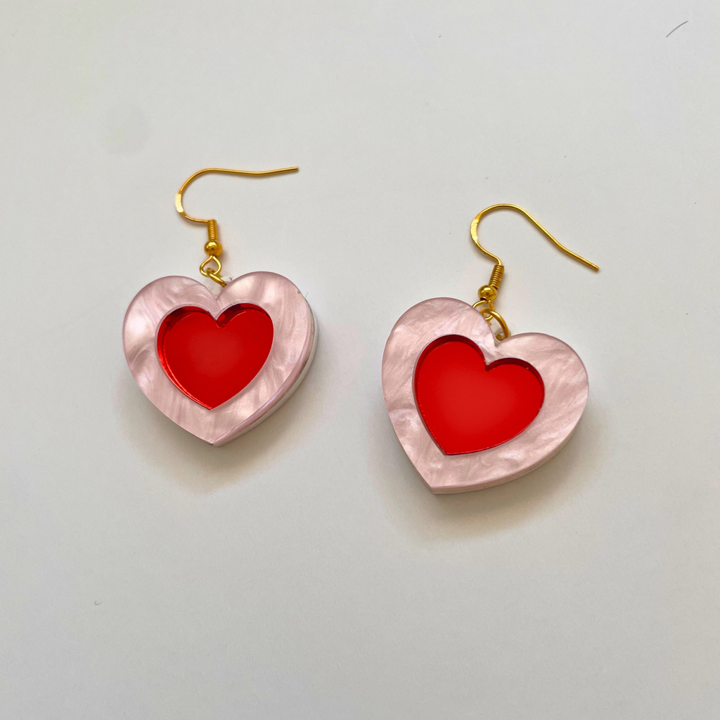 Happy Heart Acrylic Earrings | Pearl Pink & Red Mirror