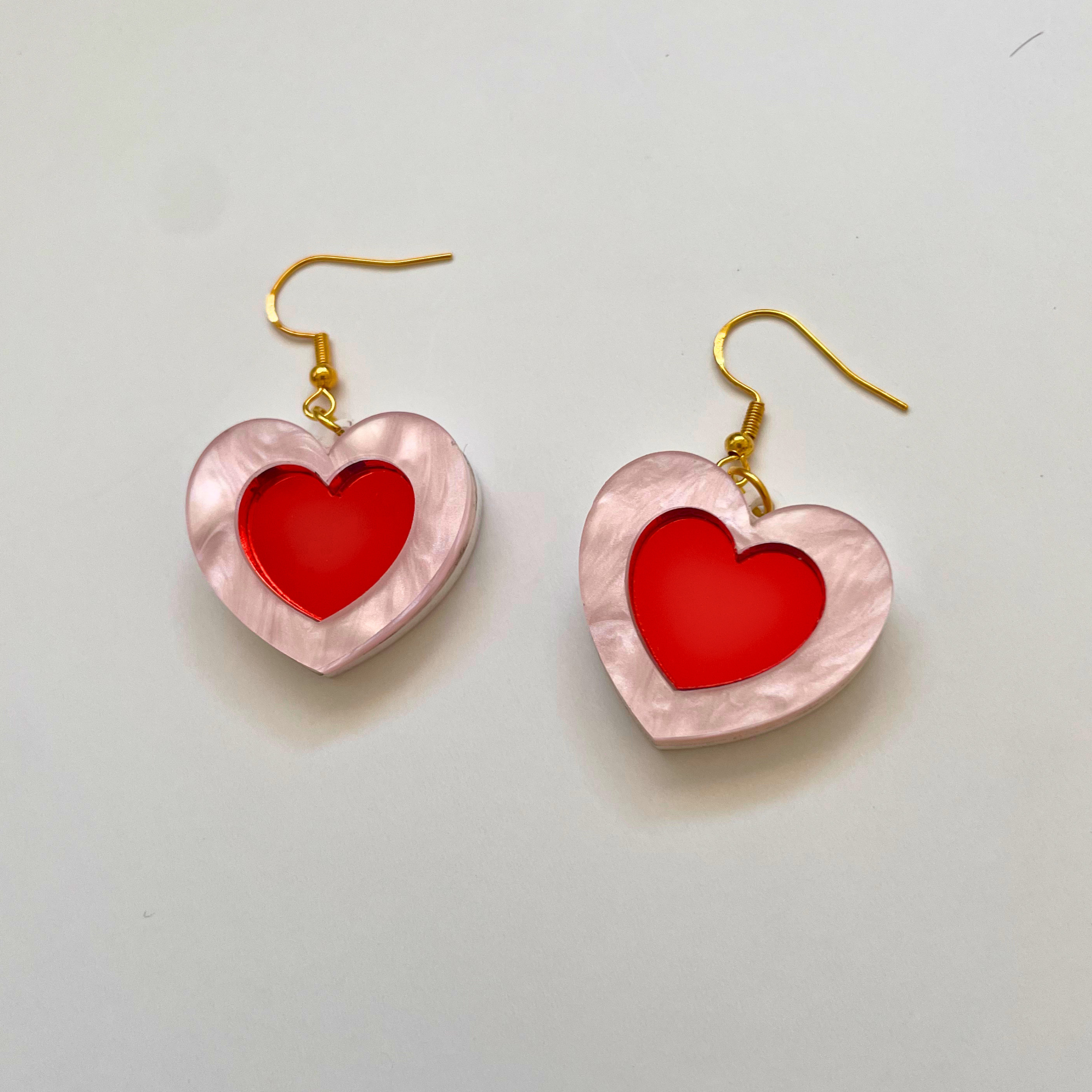Happy Heart Acrylic Earrings | Pearl Pink & Red Mirror