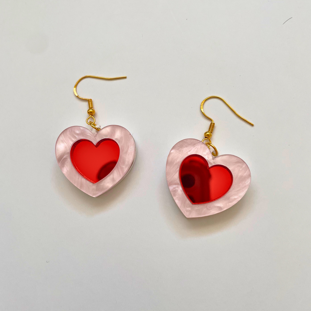 Happy Heart Acrylic Earrings | Pearl Pink & Red Mirror
