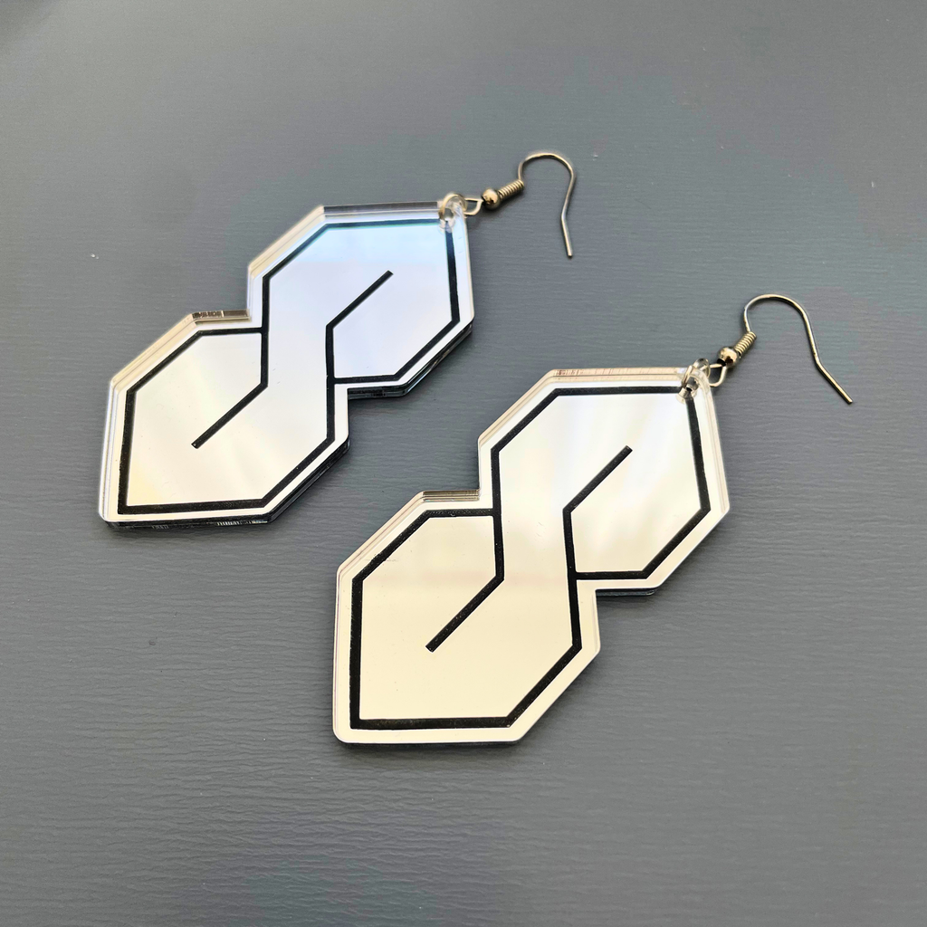 Super S Mirror Acrylic Large Earrings | Silver & Black