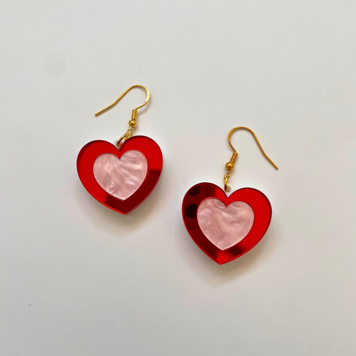 Happy Heart Acrylic Earrings | Red Mirror & Pearl Pink