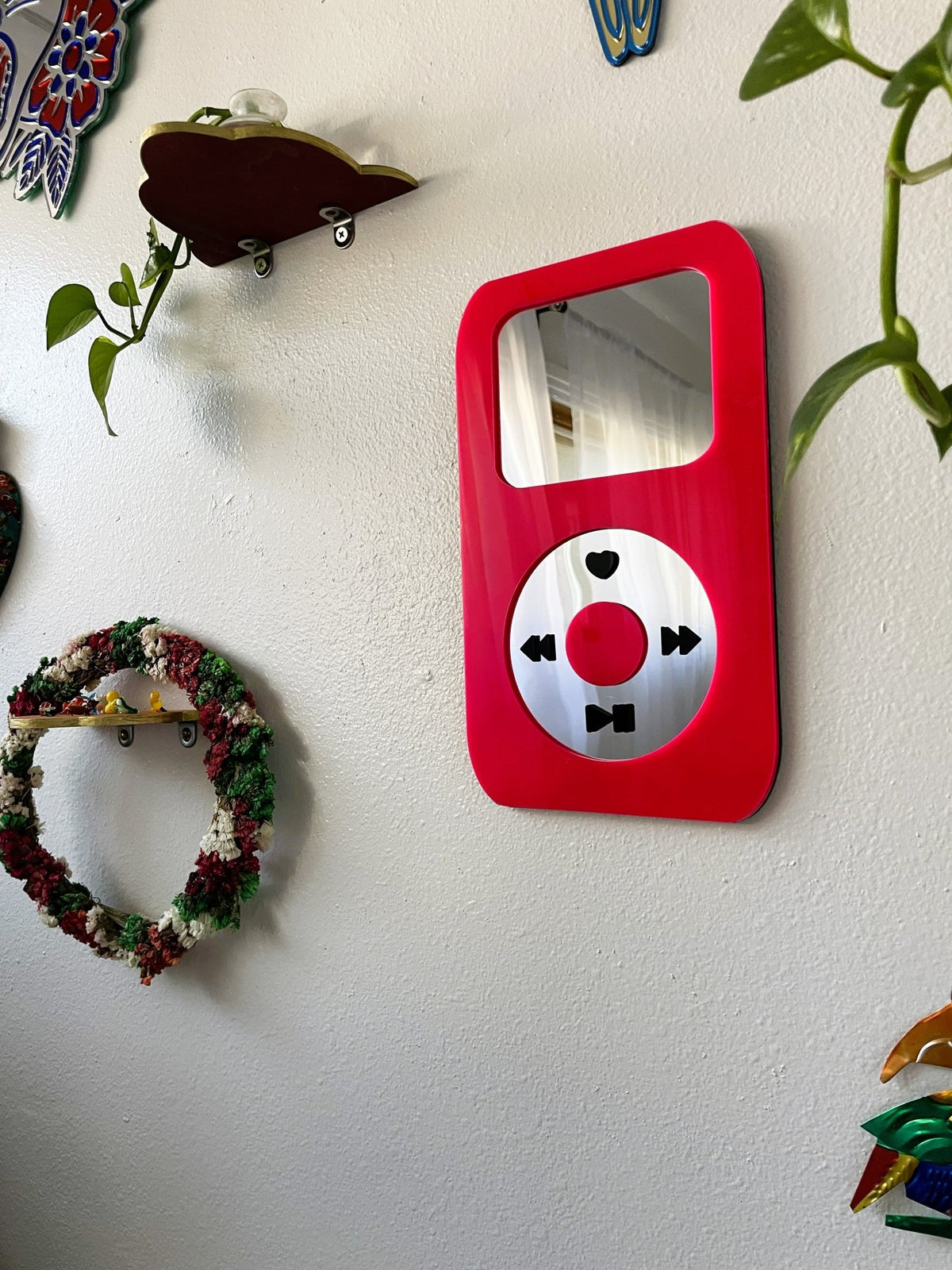 BubbleBeat - MP3 Player Mirror: Y2K Hot Pink Wall Hanging - by MirrorPop. Handmade acrylic art.