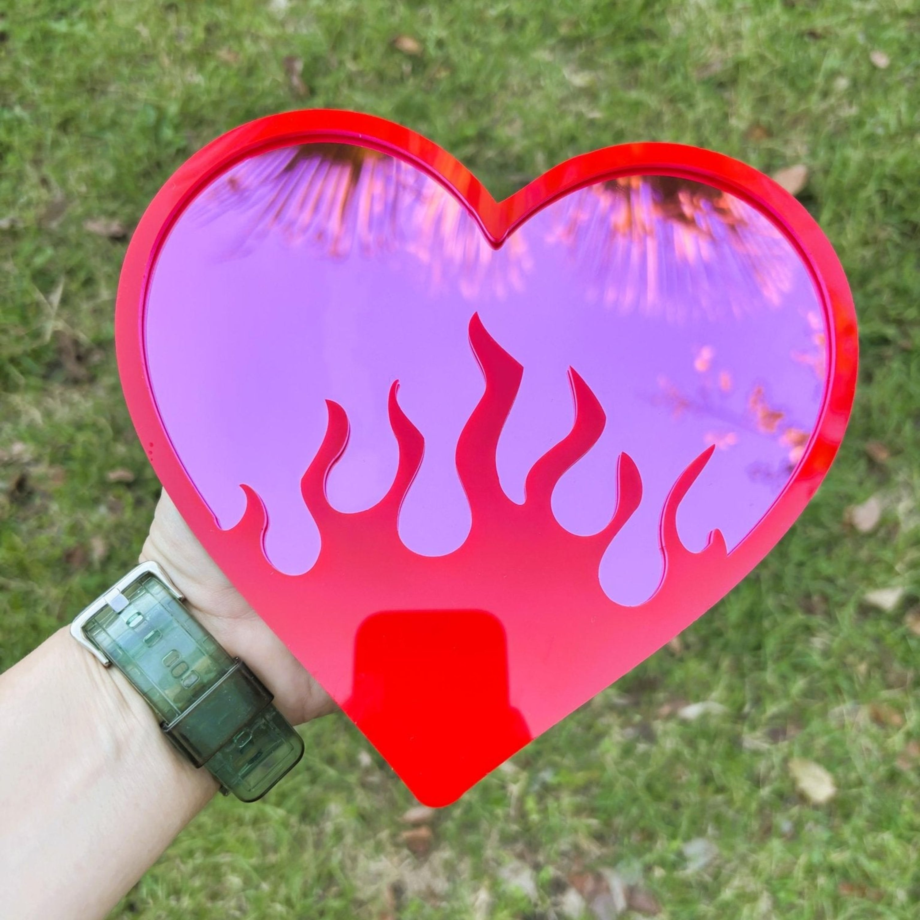 BurningLove Mirror - Heart Flame Acrylic Mirror, Funky Pop Art Wall Decor, Handmade - by MirrorPop. Handmade acrylic art.
