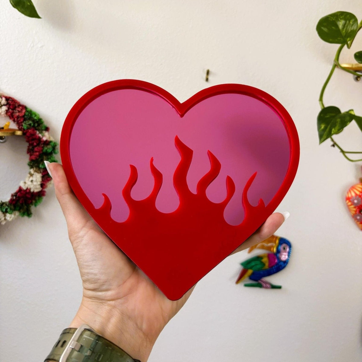 BurningLove Mirror - Heart Flame Acrylic Mirror, Funky Pop Art Wall Decor, Handmade - by MirrorPop. Handmade acrylic art.