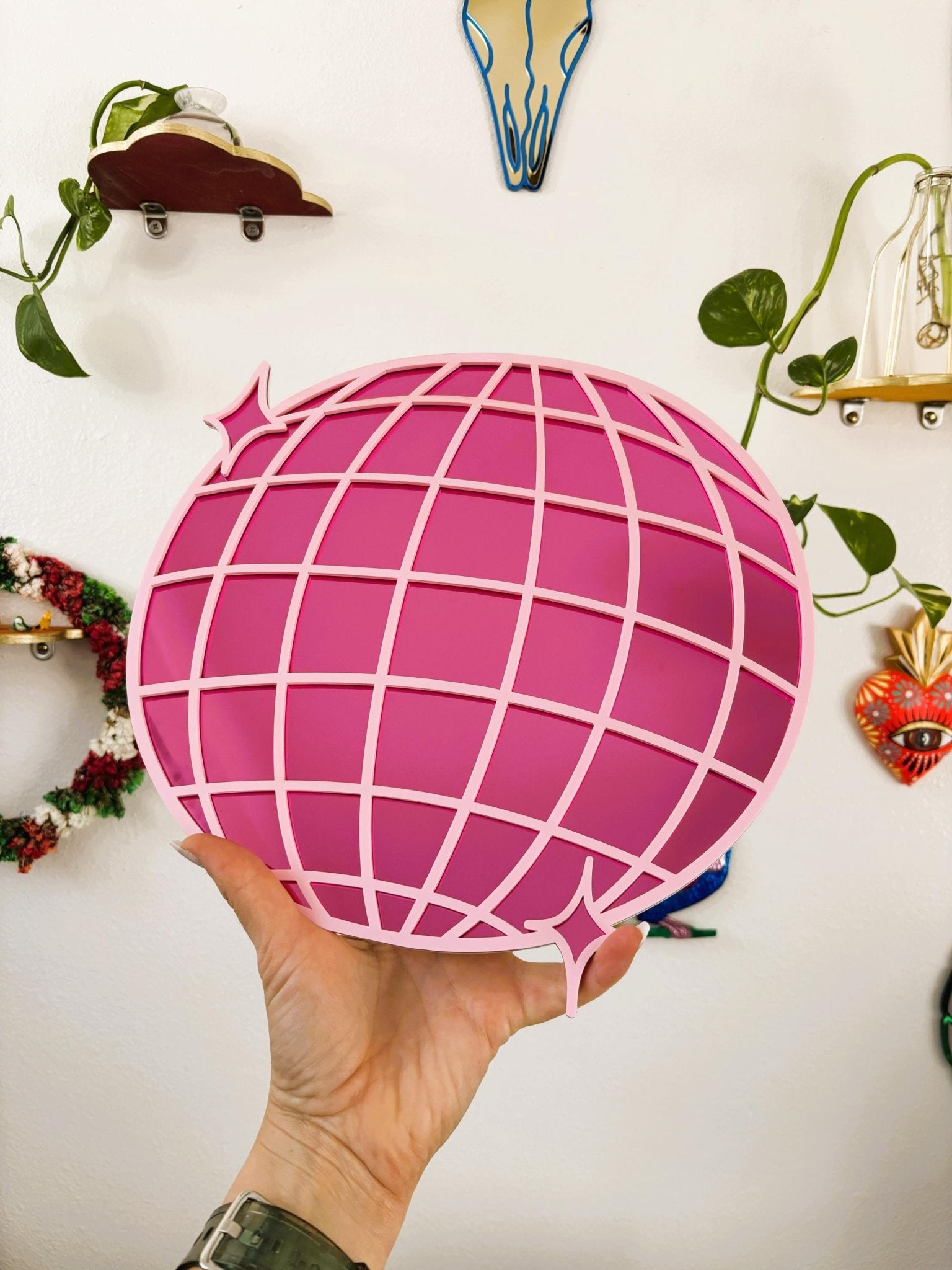 DiscoPop Mirror: Mirrorball Disco Ball Blue Pink Acrylic Wall Hanging - by MirrorPop. Handmade acrylic art.