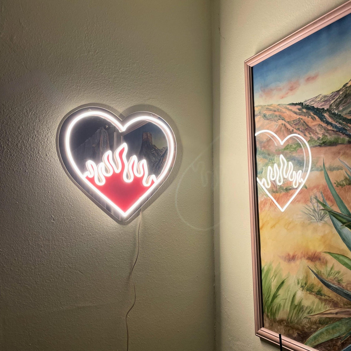 Flaming Heart LED Neon Mirror - by MirrorPop. Handmade acrylic art.