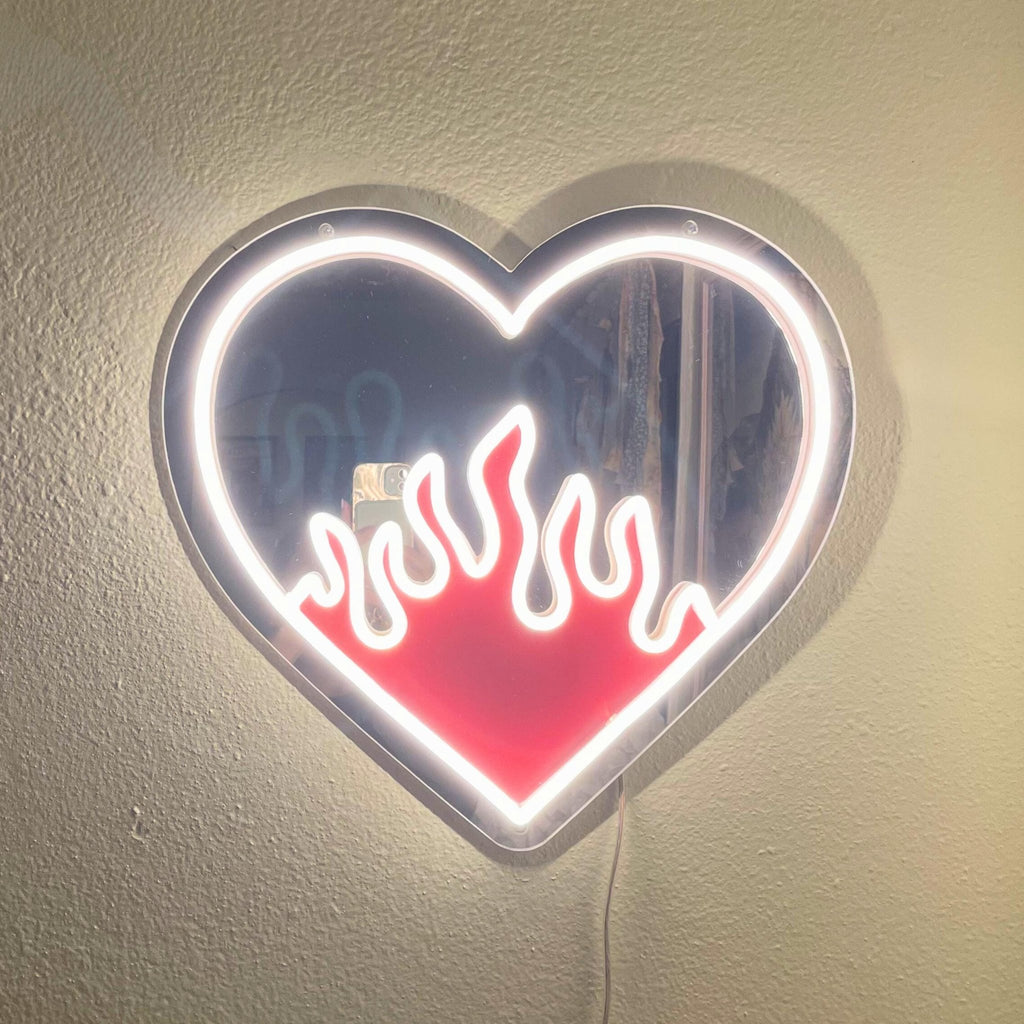 Flaming Heart LED Neon Mirror - by MirrorPop. Handmade acrylic art.