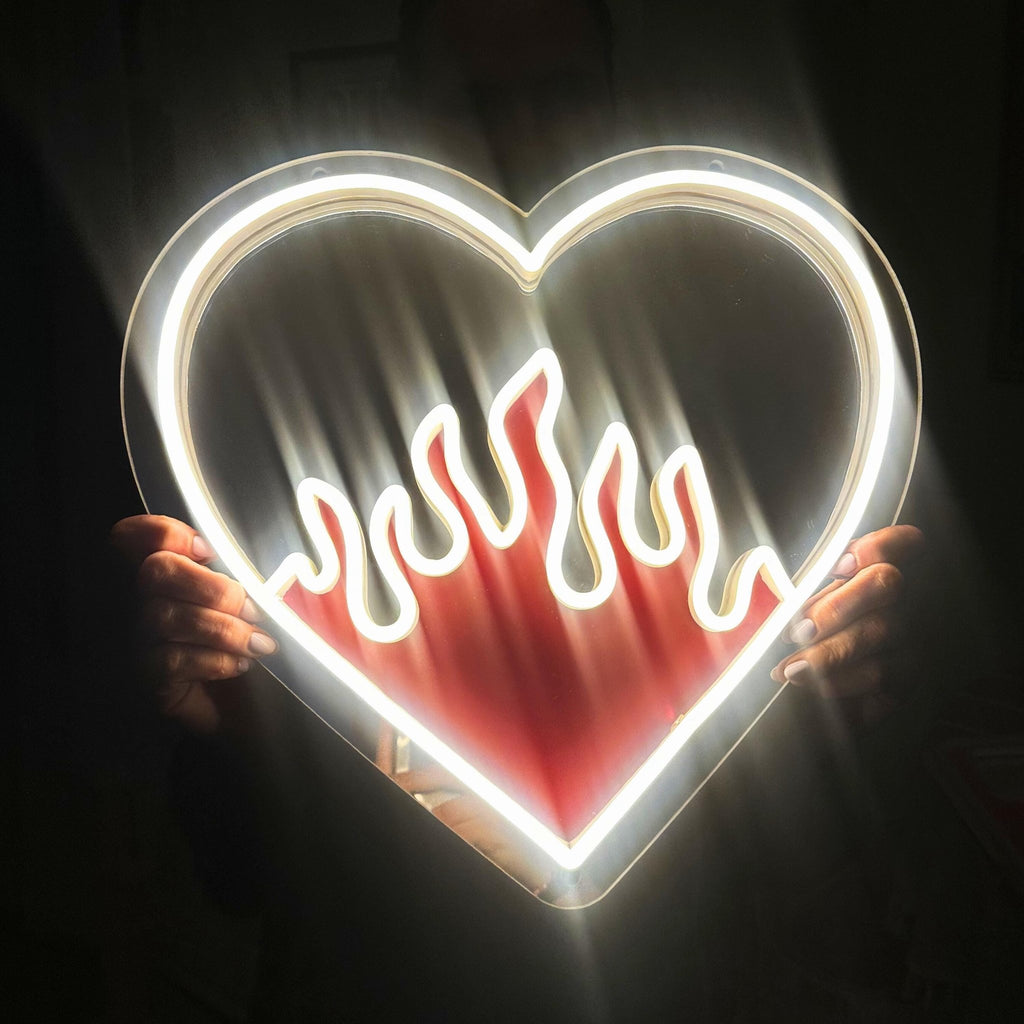 Flaming Heart LED Neon Mirror - by MirrorPop. Handmade acrylic art.