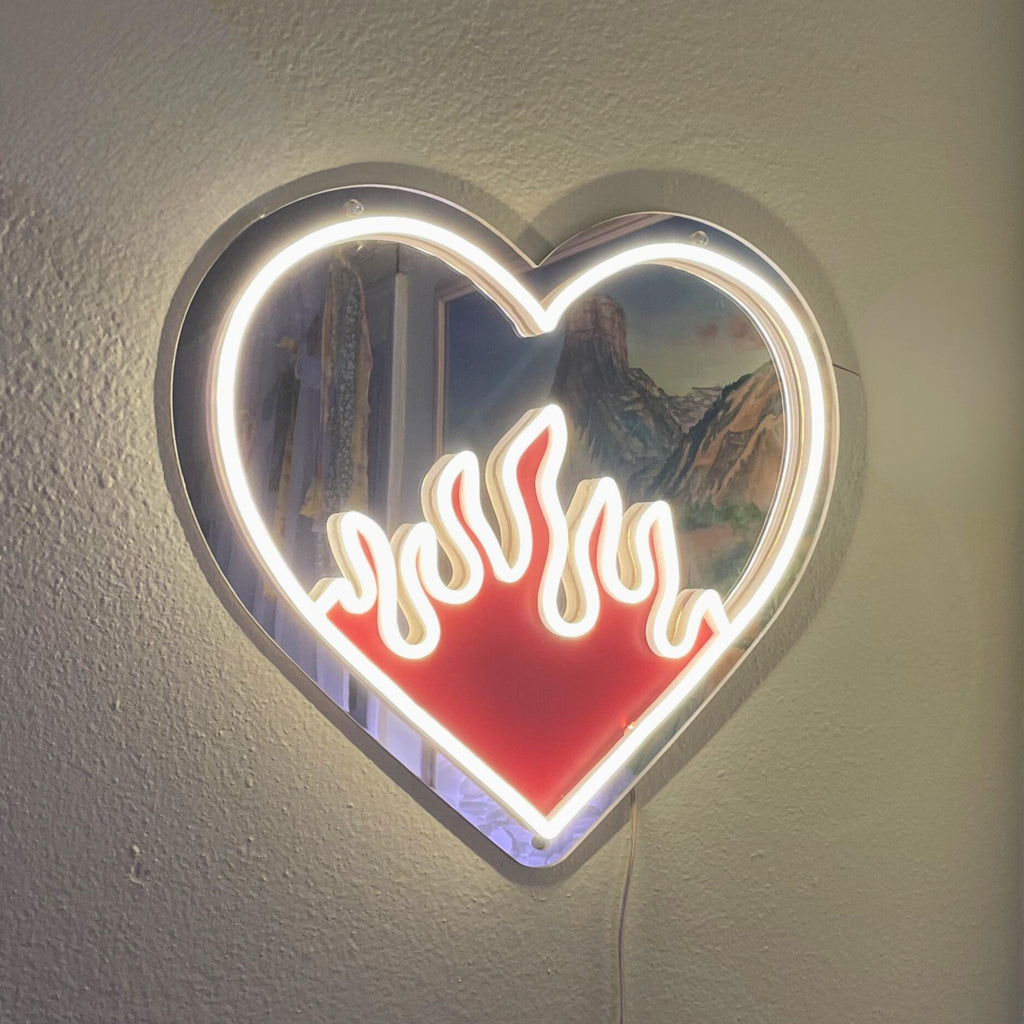 Flaming Heart LED Neon Mirror - by MirrorPop. Handmade acrylic art.