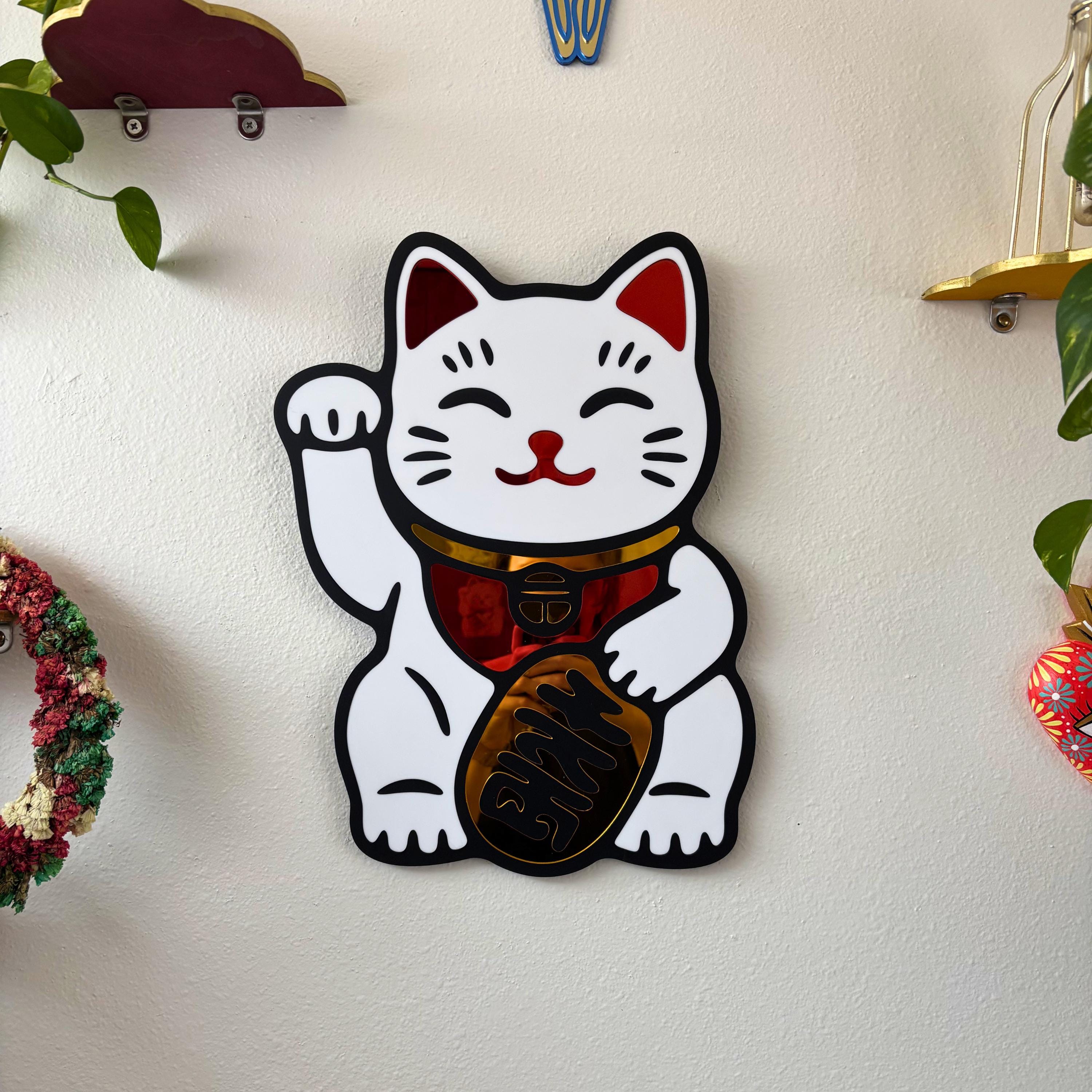 White Lucky Cat Hero Wall Hanging Mirror (11.5 x 15.3 in)