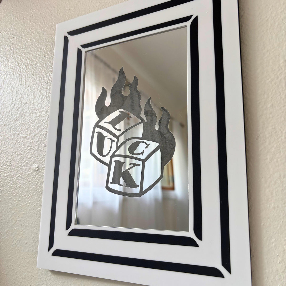 Engraved Flaming Lucky Dice Mirror