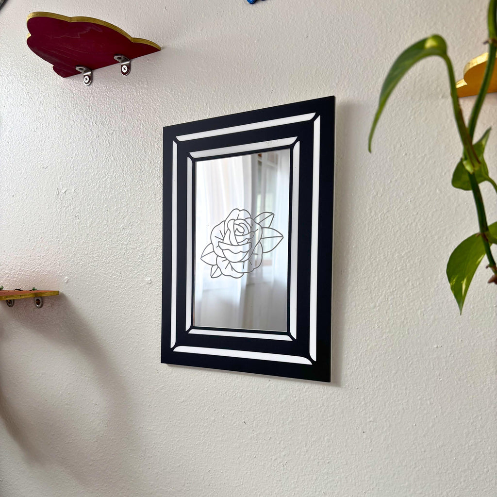 Engraved Traditional Tattoo Rose Mirror