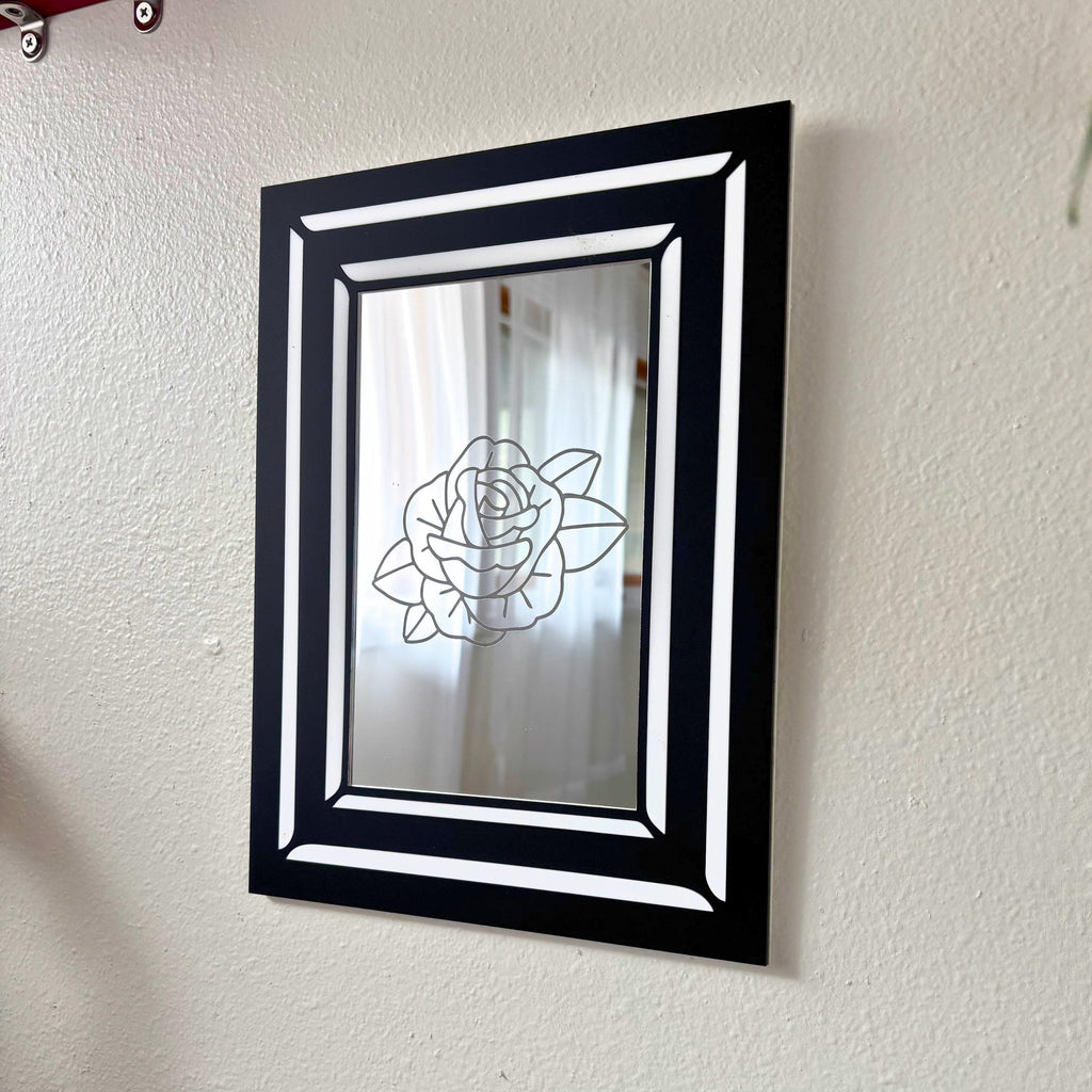 Engraved Traditional Tattoo Rose Mirror